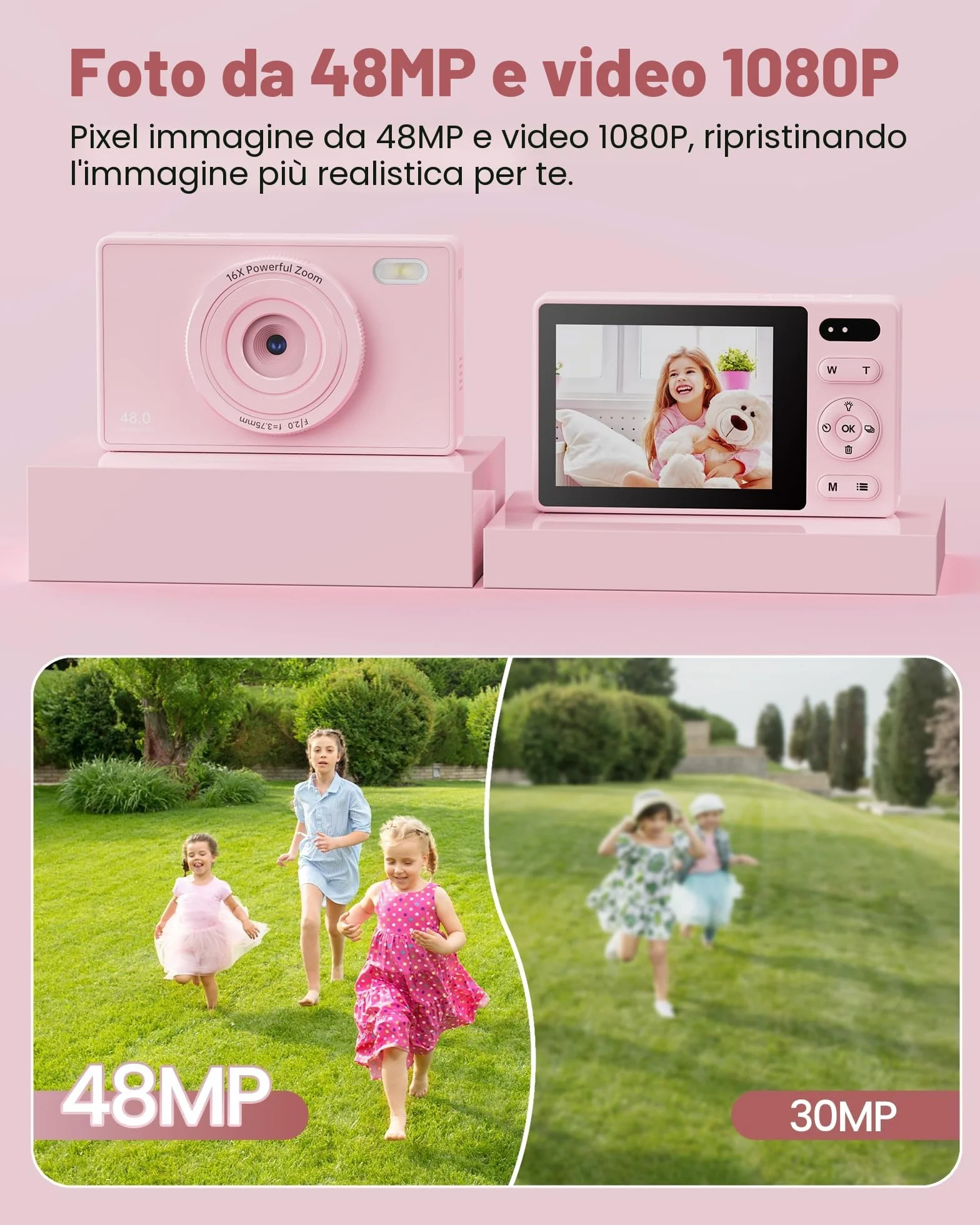 Macchina Fotografica Digitale Fotocamera con Scheda 64GB: 16X Zoom 48MP Videocamera Autofocus 1080P Vlog Camera 2 Batteria Fotocamera Compatta per Adolescenti Adulti