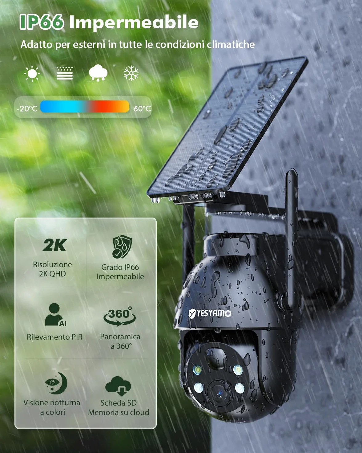 YESYAMO 2K Telecamera WiFi Esterno Senza Fili Pannello Solare, Videocamera Sorveglianza a Batteria 360° PTZ Visione Notturna Colori Audio Bidirezionale IP66