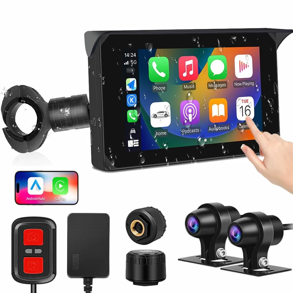 VSYSTO 5 Pollici motocicletta Carplay Touchscreen, Wireless Carplay e Android Auto,Navigazione GPS,sensori di pressione pneumatici,WiFi motocicletta Dash Camera 1080P fotocamera anteriore e posteriore