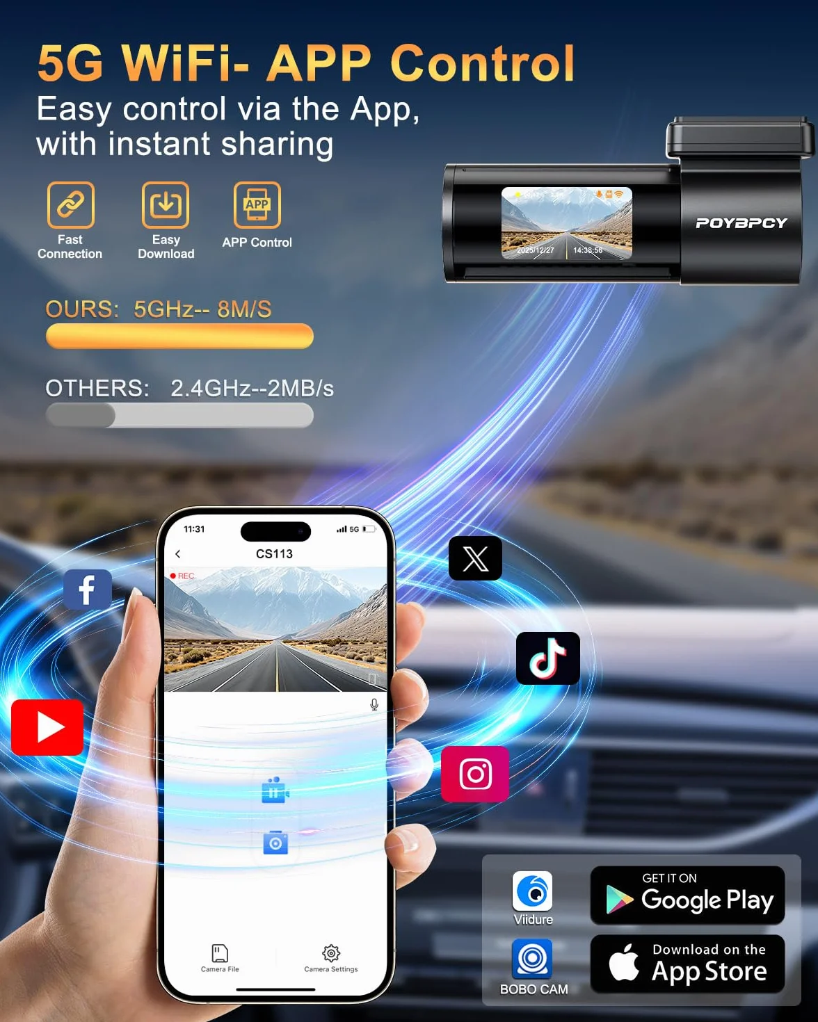 Dash Cam Auto 2.5K WiFi 5G con APP, Mini Dashcam Auto 170° Grandangolo, Telecamera per Auto 360 Gradi Rotabile, Visione Notturna WDR F1.8, G-Sensor, Loop Recording, Parking Monitor e Time-Lapse