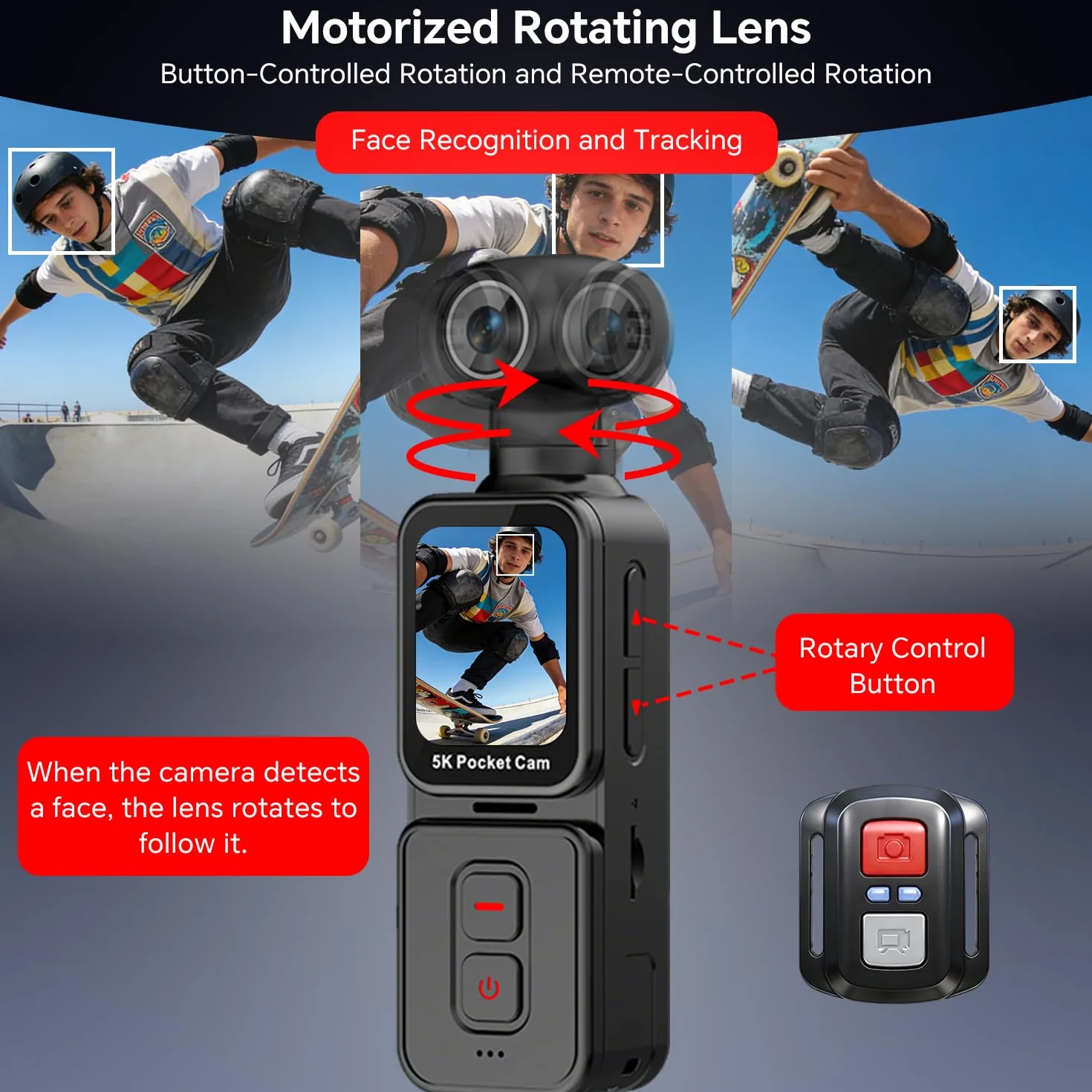 5K Bodycam, Mini Action Cam per Vlog POV, Obiettivo Rotante Elettrico, Tracciamento del Volto, Videocamera Portatile con Microfono Esterno, Clip e Scheda TF da 64 GB