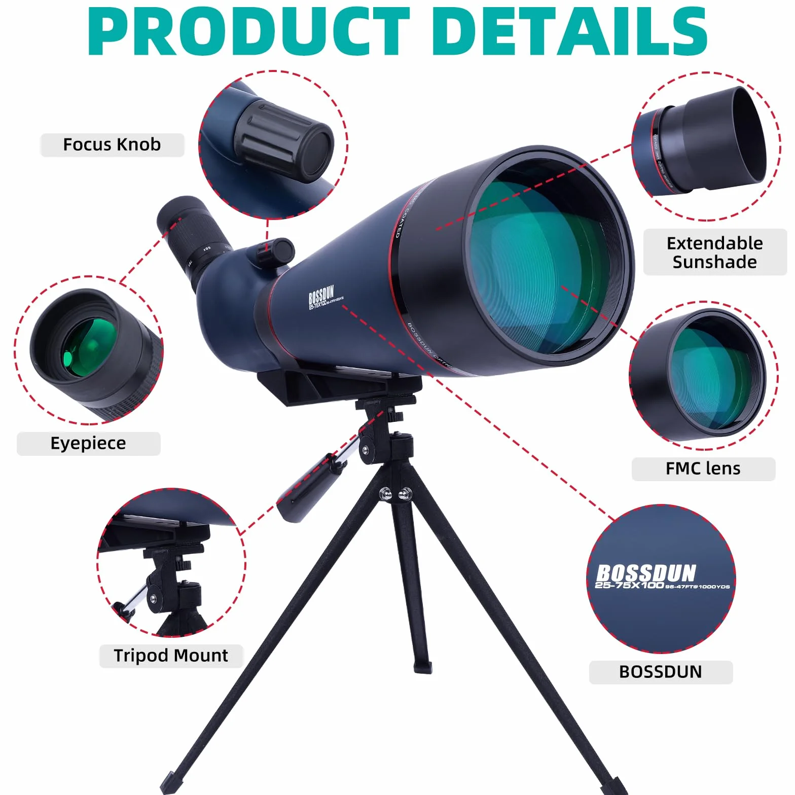 Cannocchiale 25-75x100 con Treppiede, Adattatore per Telefono e Borsa per il Trasporto, BAK4 Cannocchiale Professionale per Caccia, Tiro a Segno, Birdwatchingr il trasporto, per il tiro al bersaglio