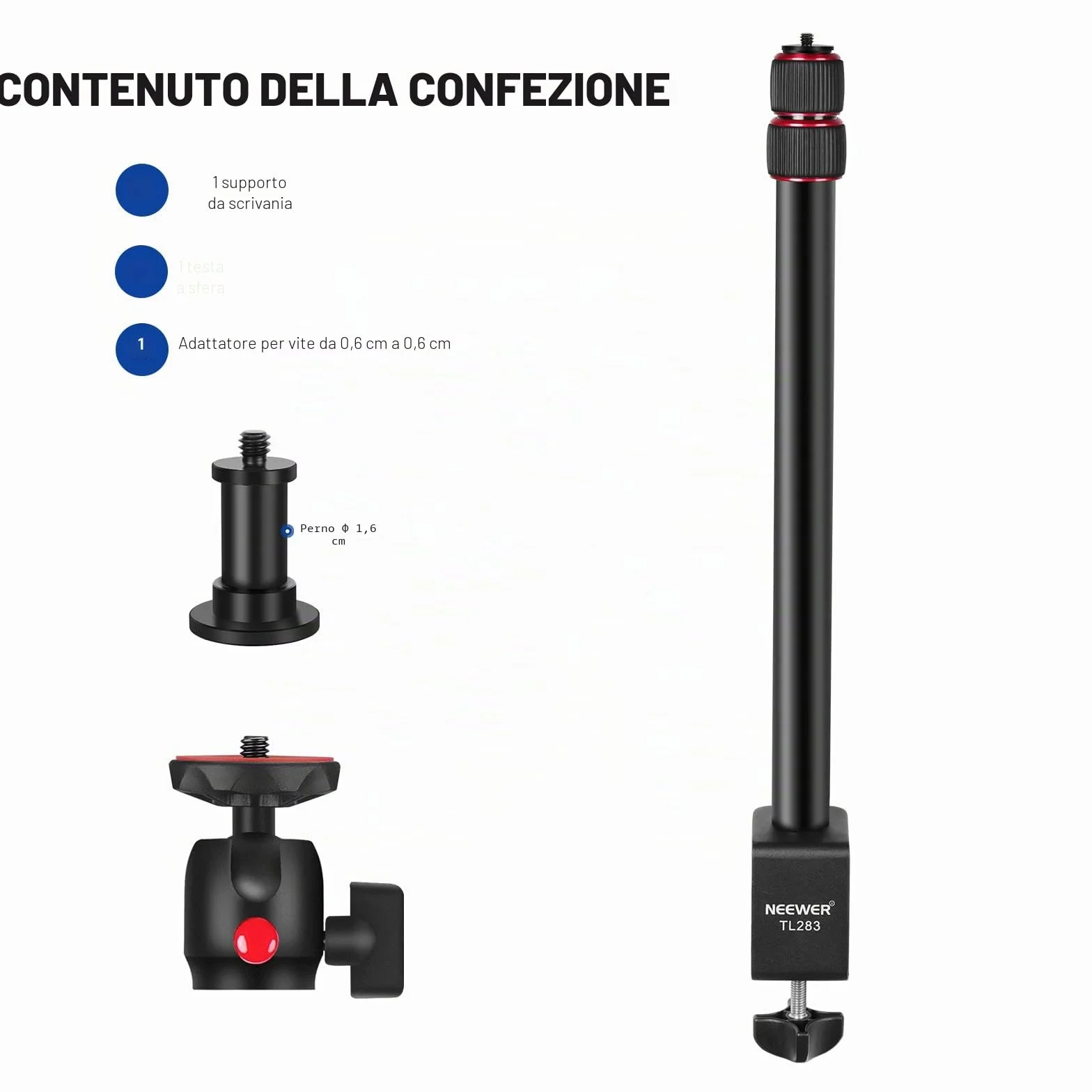 NEEWER Stand Estensibile da Tavolo con 1/4” Testa a Sfera, 43-102cm Regolabile Cavalletto con 1/4” Vite Adattatore & Morsetto-C per Reflex Digitali Luci Anulari Streaming Vlog, Massima Portata 3kg