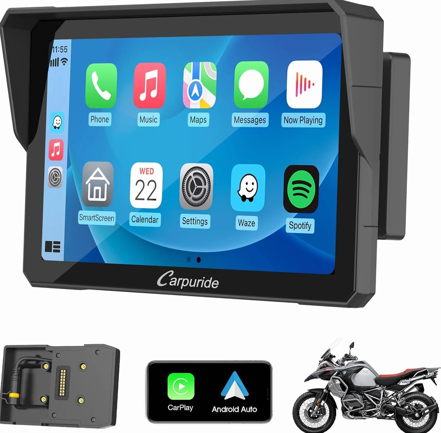 Carpuride W702B Schermo Carplay Moto 7" Impermeabile Touchscreen Wireless CarPlay Android Auto Dual Bluetooth per BMW