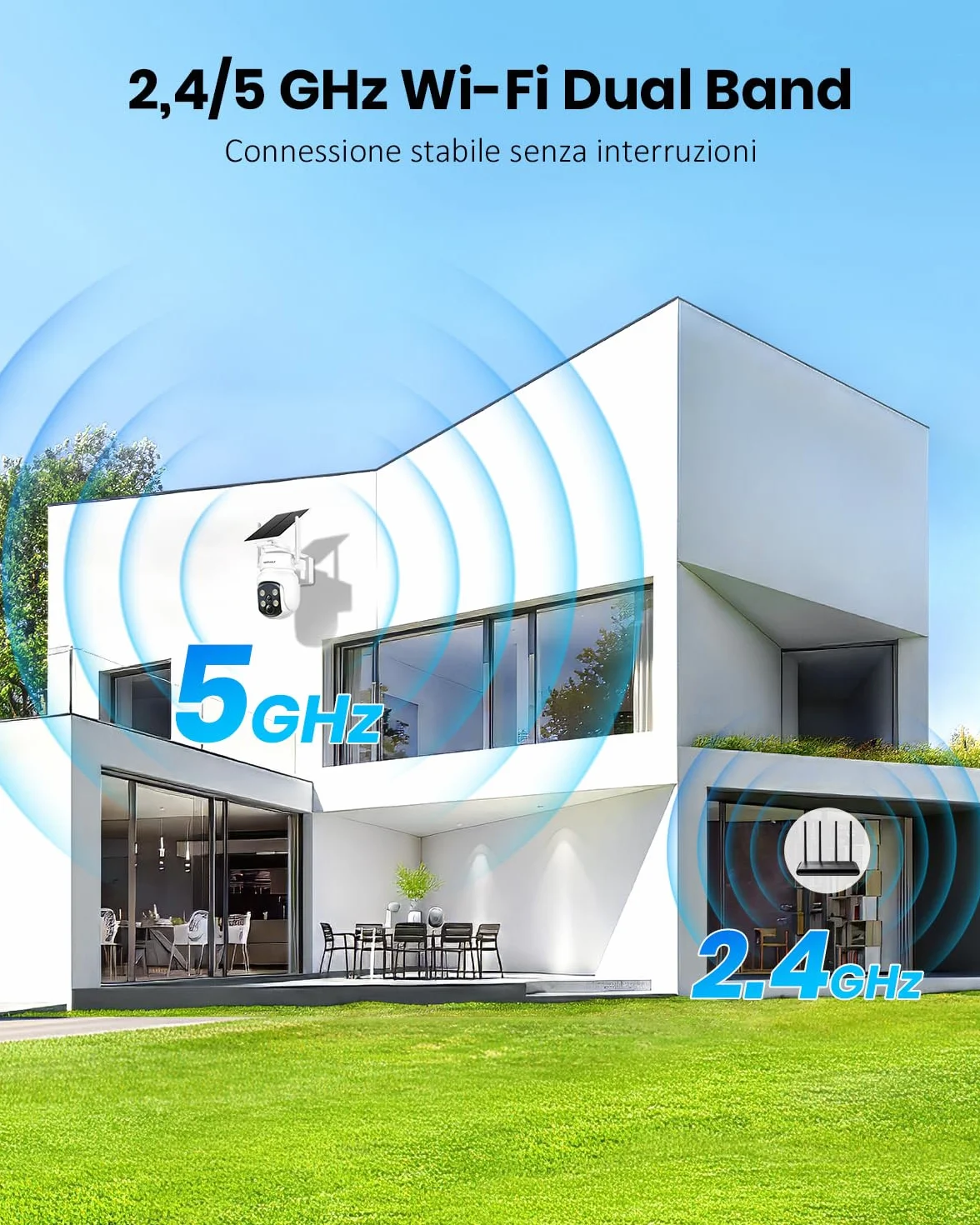 Telecamera Wi-Fi Esterno con Pannello Solare 2 in 1, 4MP/2.5K Senza Fili, 360°, Visione Notturna a Colori, Rilevamento PIR