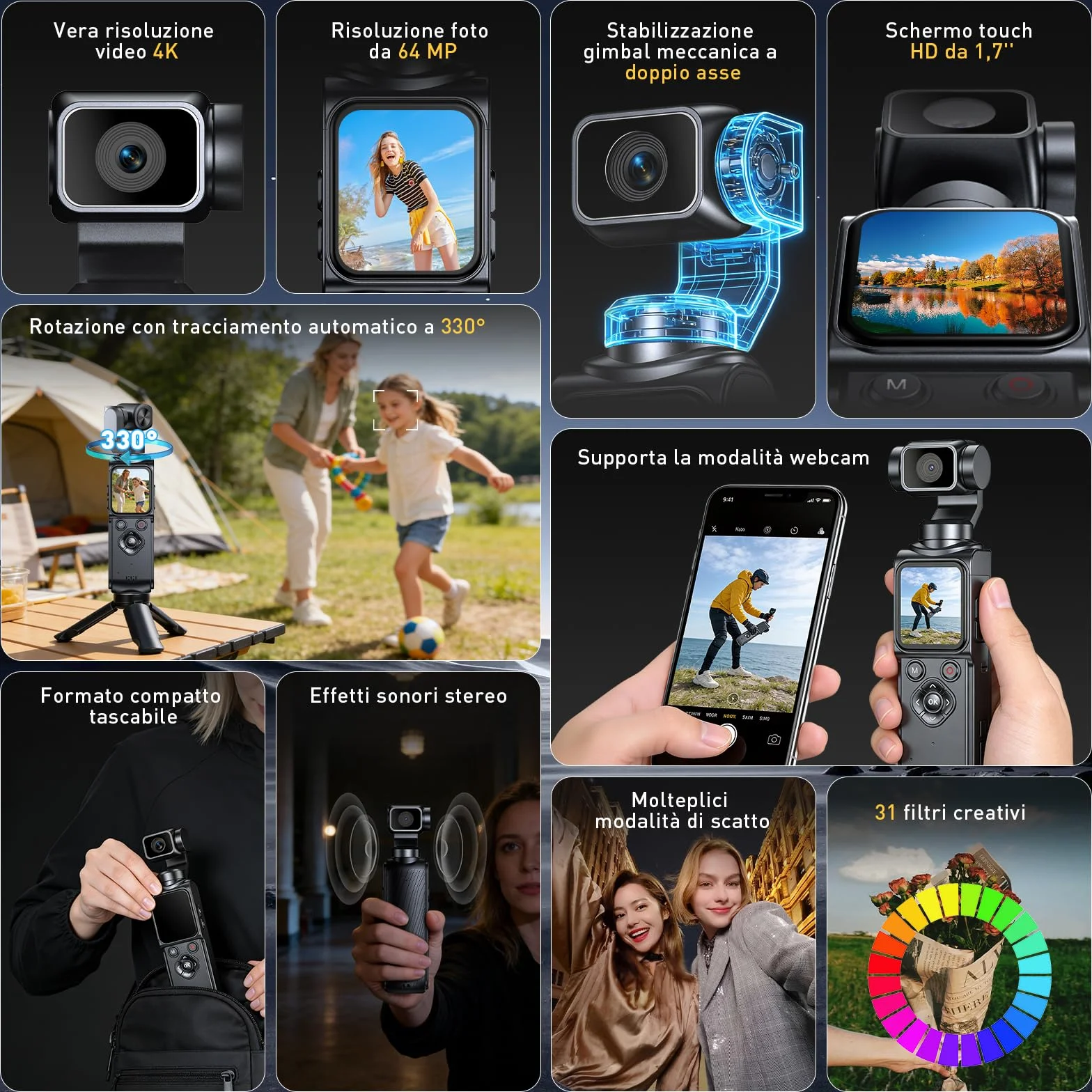 Vlog Camera, Action Cam 4K Stabilizzata con Gimbal – Touchscreen 64MP con Scheda 64GB, Stabilizzazione a 2 Assi, Tracciamento di Oggetti, Microfono Incluso, Fotocamera Digitale per Vlog