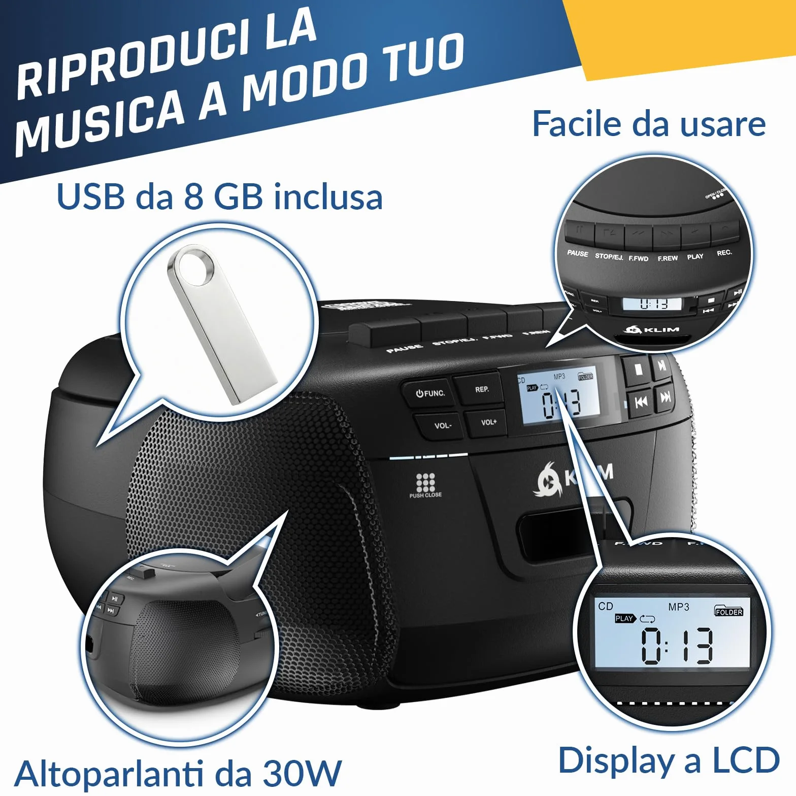 KLIM Lettore CD con USB Lettore Cassette Audio AM/FM Radio Bluetooth Stereo CD Player Telecomando Registrazione su Nastro AUX Radio Stereo per Casa Alimentazione AC/DC