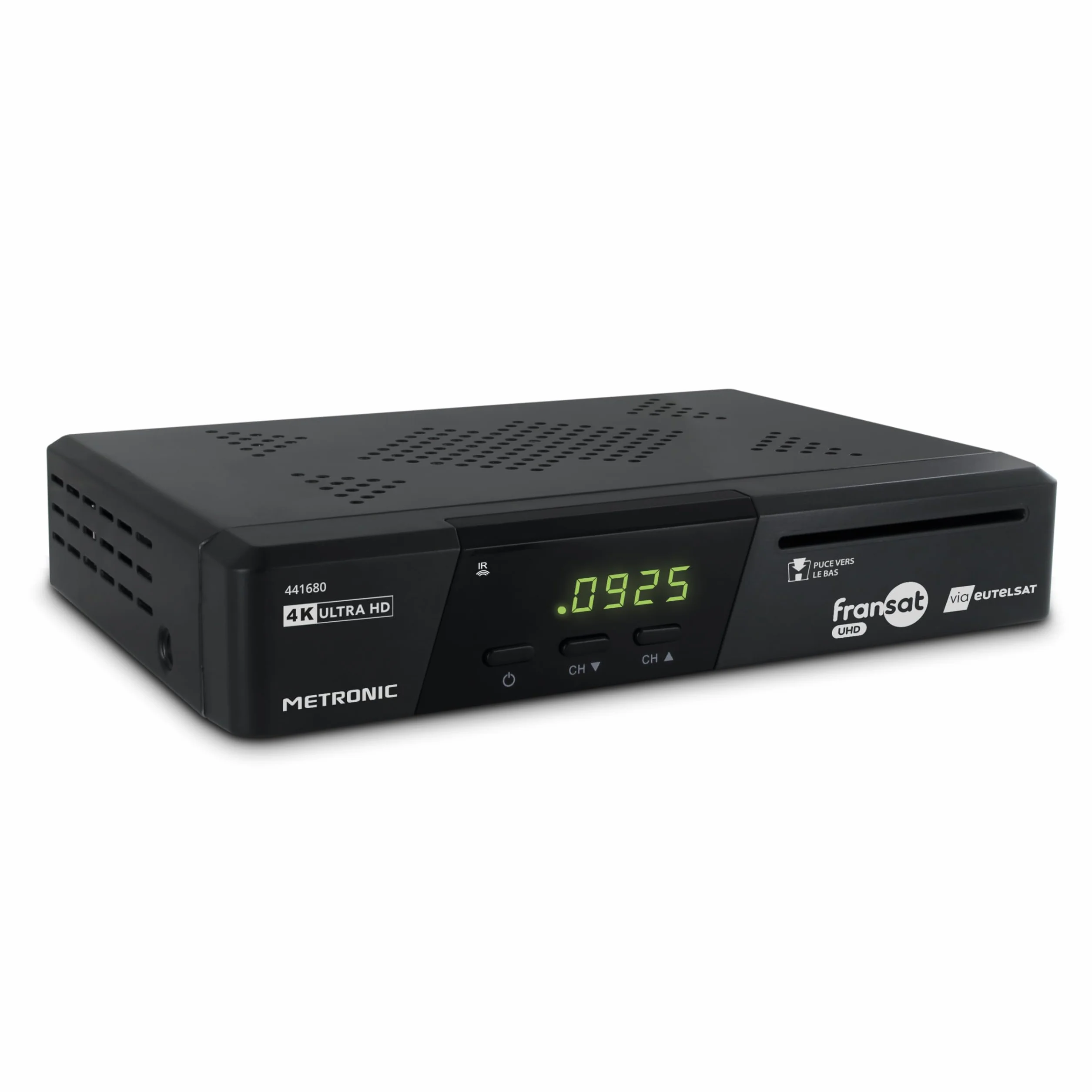 METRONIC 441680 Fransat 4K UHD HDR10 Satellite, Ricezione TNT Gratuita, Suono Dolby Atmos, Porta USB Dual Power, Carta Fransat Inclusa, Pausa e Riproduzione TV (Time Shift)