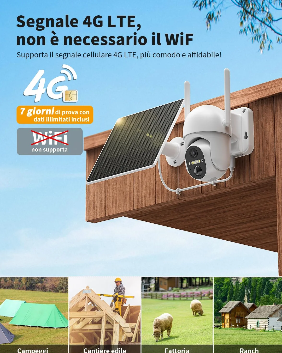 4G LTE Telecamera con SIM Scheda, 2K 360° PTZ Telecamera Senza Fili Esterno con Pannello Solare, Visione Notturna a Colori, Audio Bidirezionale, PIR Rilevamento Videocamera, IP66 (Senza WiFi)
