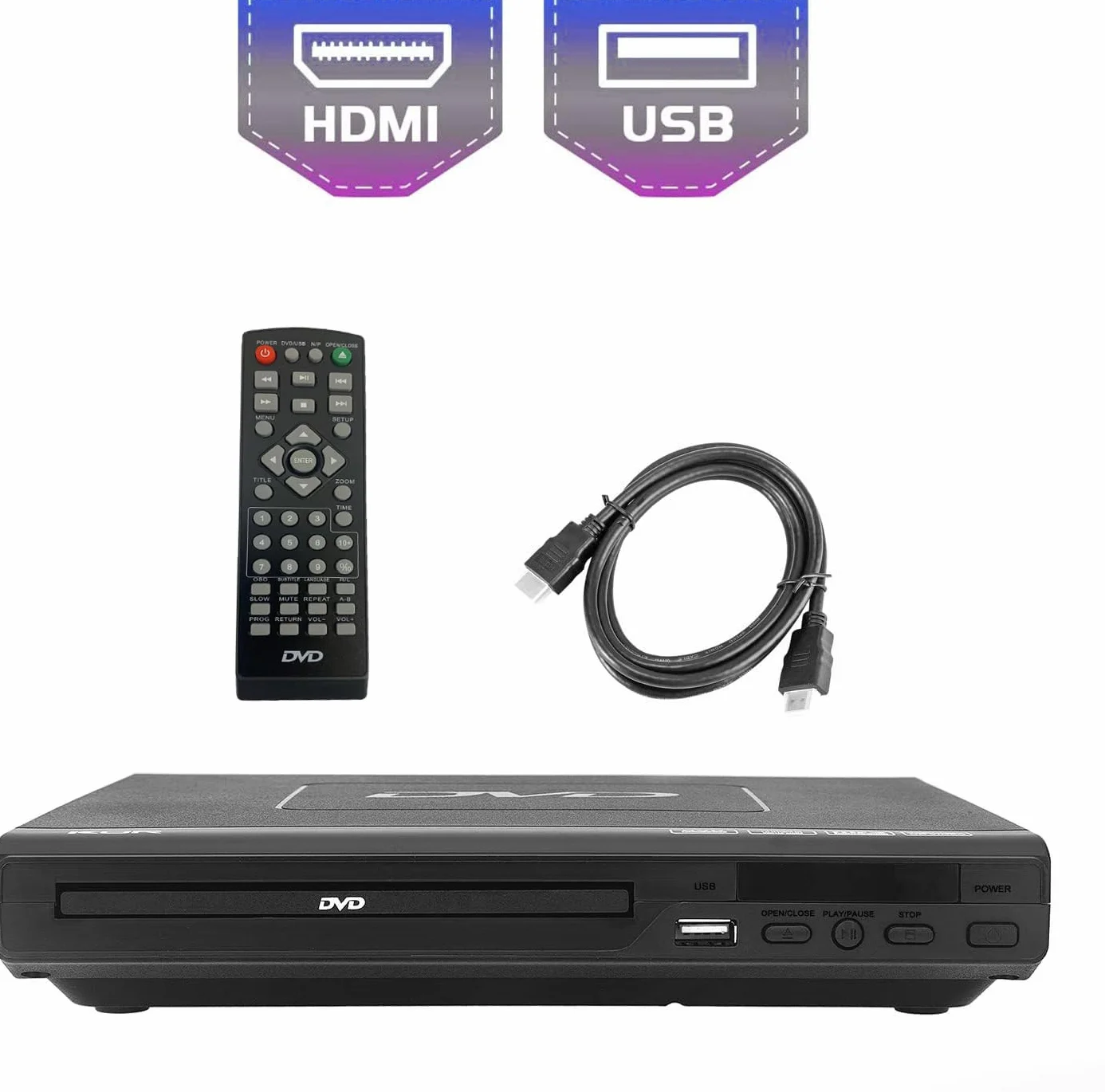 Lettori DVD per TV/CD/MP3 con presa USB, uscita HDMI e AV (cavo incluso), Telecomando, per tutte le regioni, Spina europea,Nero