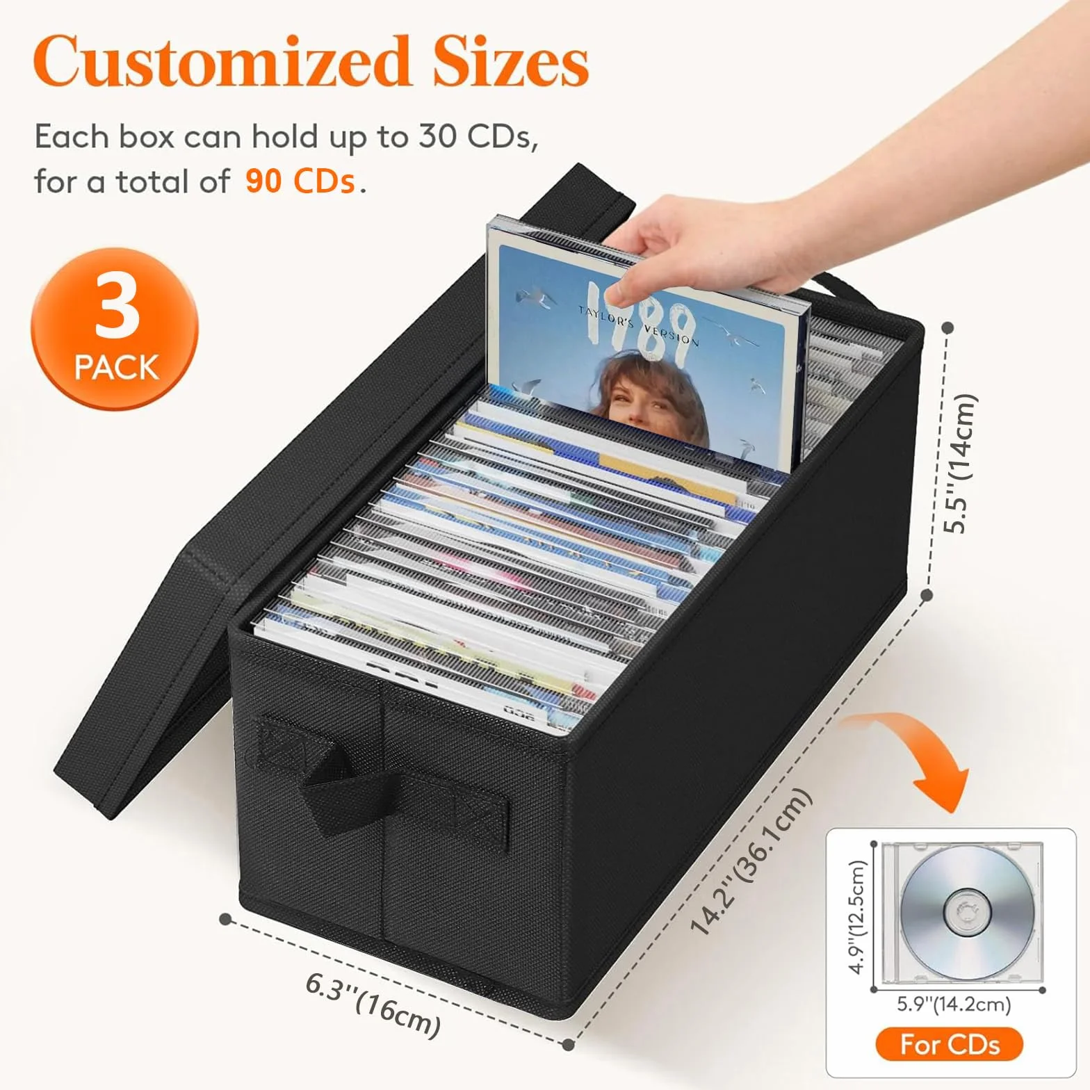 Confezione da 3 Scatola Archivio CD, contenitori impilabili per CD Oggetti con Coperchio Pieghevoli Scatole Portaoggetti con Manici, per Guardaroba, Armadio, Scaffali