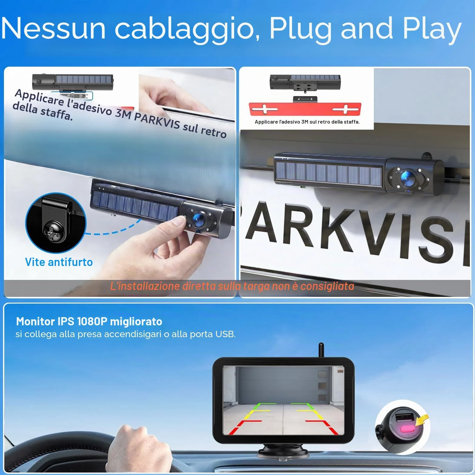 PARKVISION Telecamera di Retromarcia Wireless con Monitor 5" e Pannello Solare - Kit Senza Fili, Batteria Integrata 5000mAh, per Camper, Roulotte, Furgoni, Auto