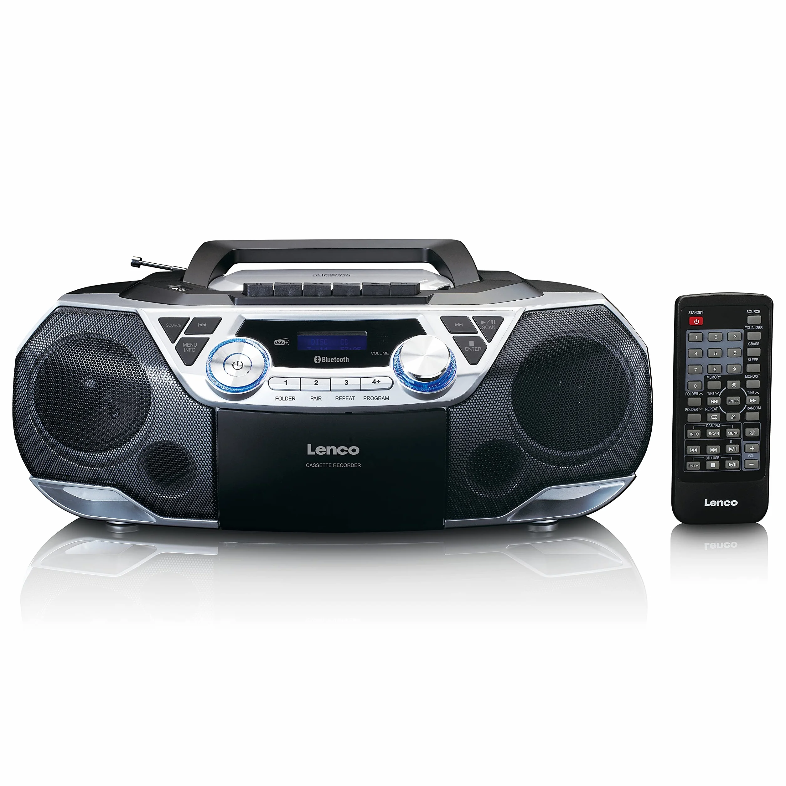 Lenco SCD-720 – Boombox DAB+ – Bluetooth 5.0 – lettore CD/MP3 – ponte cassette – radio FM – porta USB – 2 x 6 Watt RMS – Bass Reflex – telecomando – argento