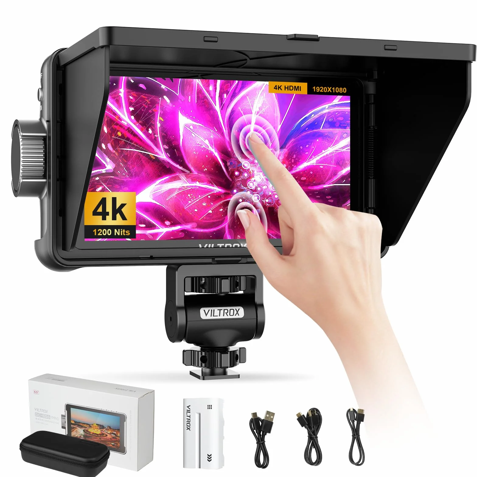 VILTROX DC550 Pro 5.5" Camera Field Monitor Touch Screen 4K HDMI DSLR Video Monitor esterno per Sony Canon Nikon Parasole Cappuccio Batteria Borsa 1200nit 3DLUT Focus Peaking Istogramma