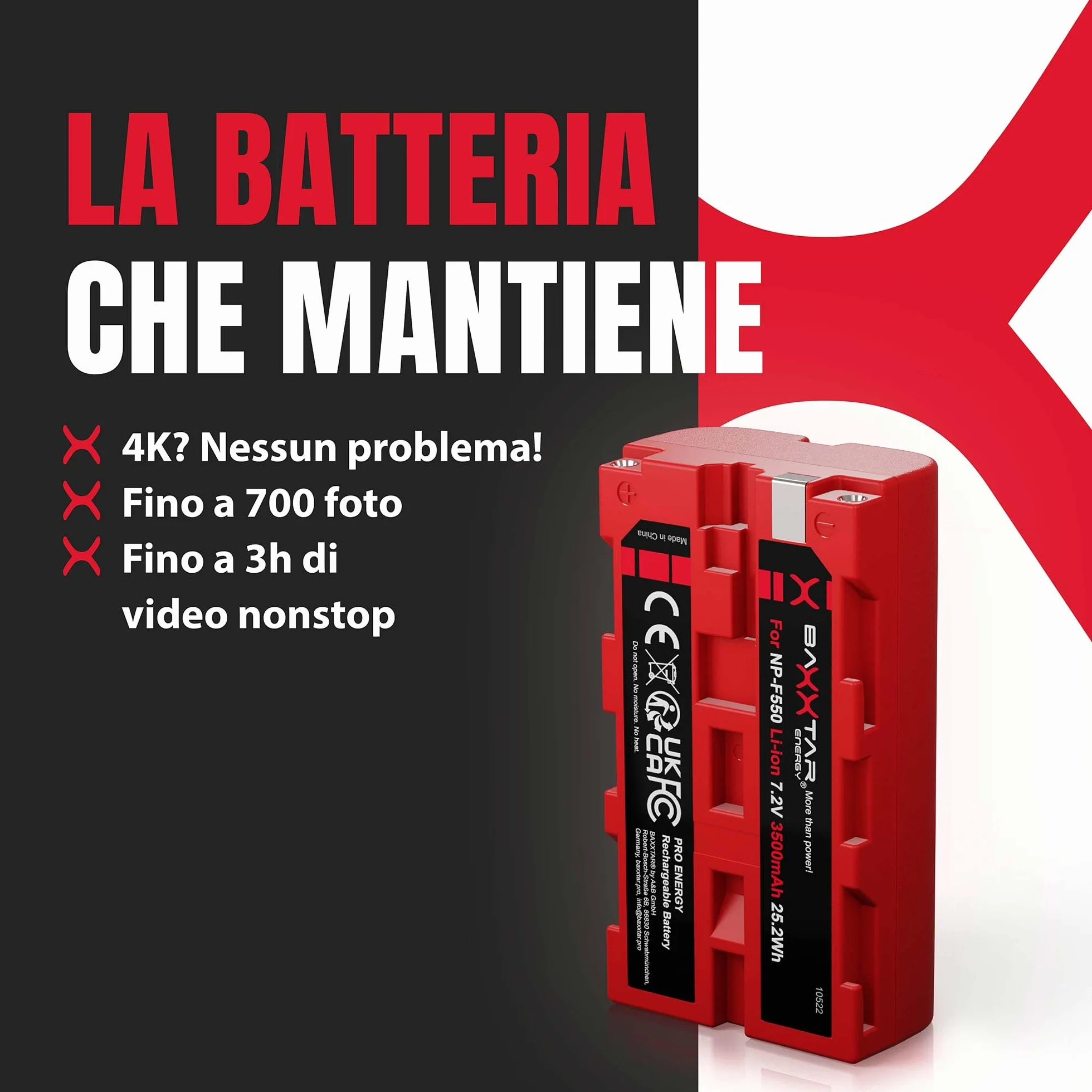 Baxxtar PRO 2x Batteria NP-F550 NP-F570 (3500 mAh / 25,2 Wh) con celle LG – per luci video LED (CN-160 YN-300), monitor da campo e dispositivi Sony NP-F – formato compatto F550