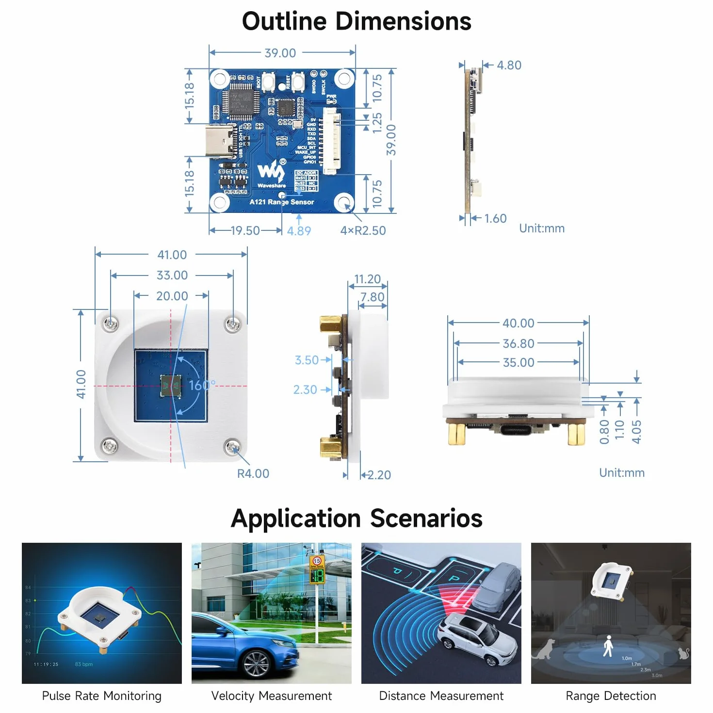 Waveshare A121 Range Sensor Box, A121 60GHz mmWave Radar Micro-Motion Detection Module, Based On Acconeer A121 Pulsed Coherent Radar (PCR) Sensor, Supports High-Precision Distance Measurements