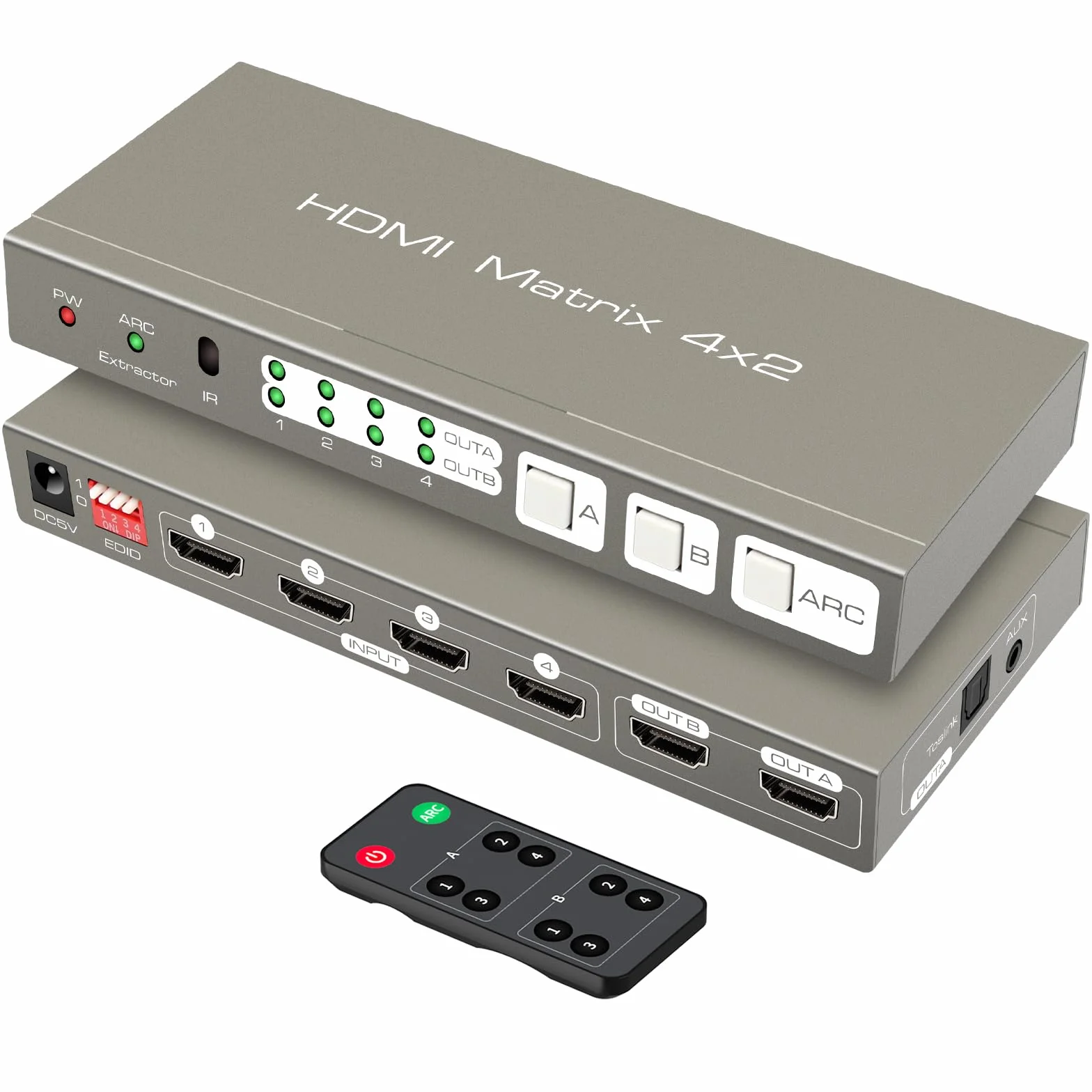 HDMI Matrix Switch 4K60Hz 4 in 2 Out Switcher Splitter Optical 3.5mm AUX Audio Output con IR Remote Supporta ARC 4K 3D e 1080P HDR Vision Atmos 18Gbps with EDID HDCP 2.2