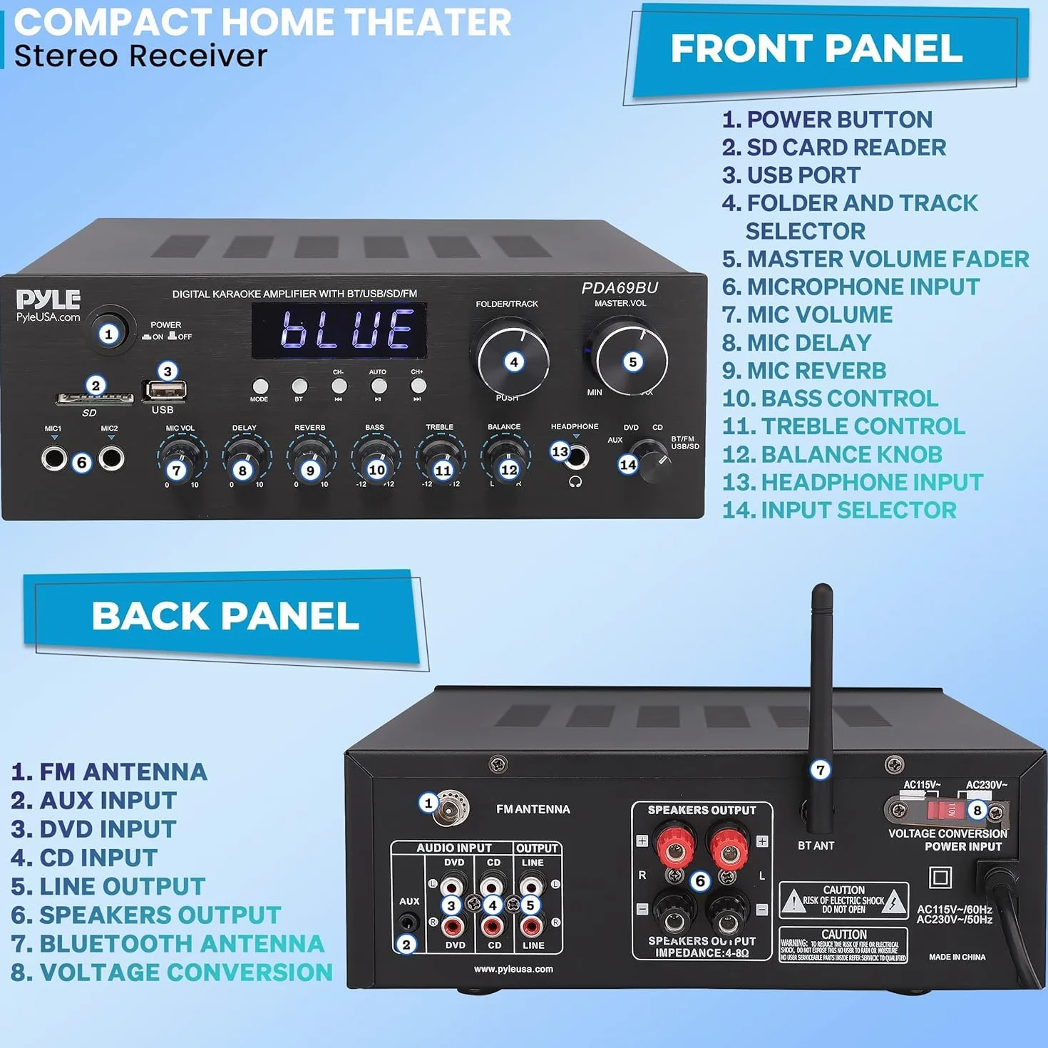 Pyle Amplificatore Audio Stereo Bluetooth 300 Watt Doppio Canale MP3 USB SD AUX RCA MIC Cuffie FM LED per Home Theater Studio