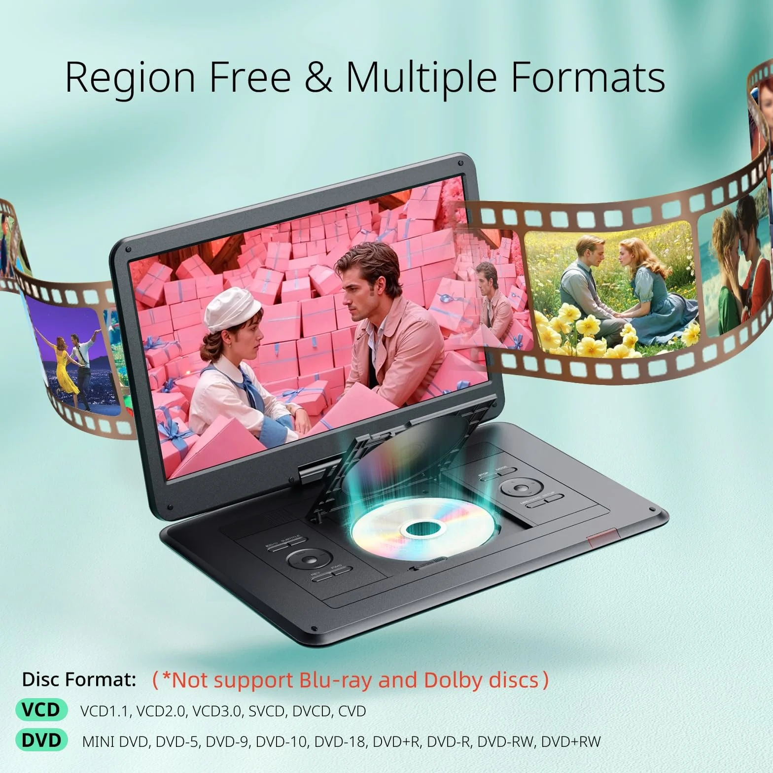 Yoton Lettore DVD portatile 17,6 pollici schermo girevole HD 15,6" batteria integrata 6 ore doppio altoparlante stereo USB SD Sync TV