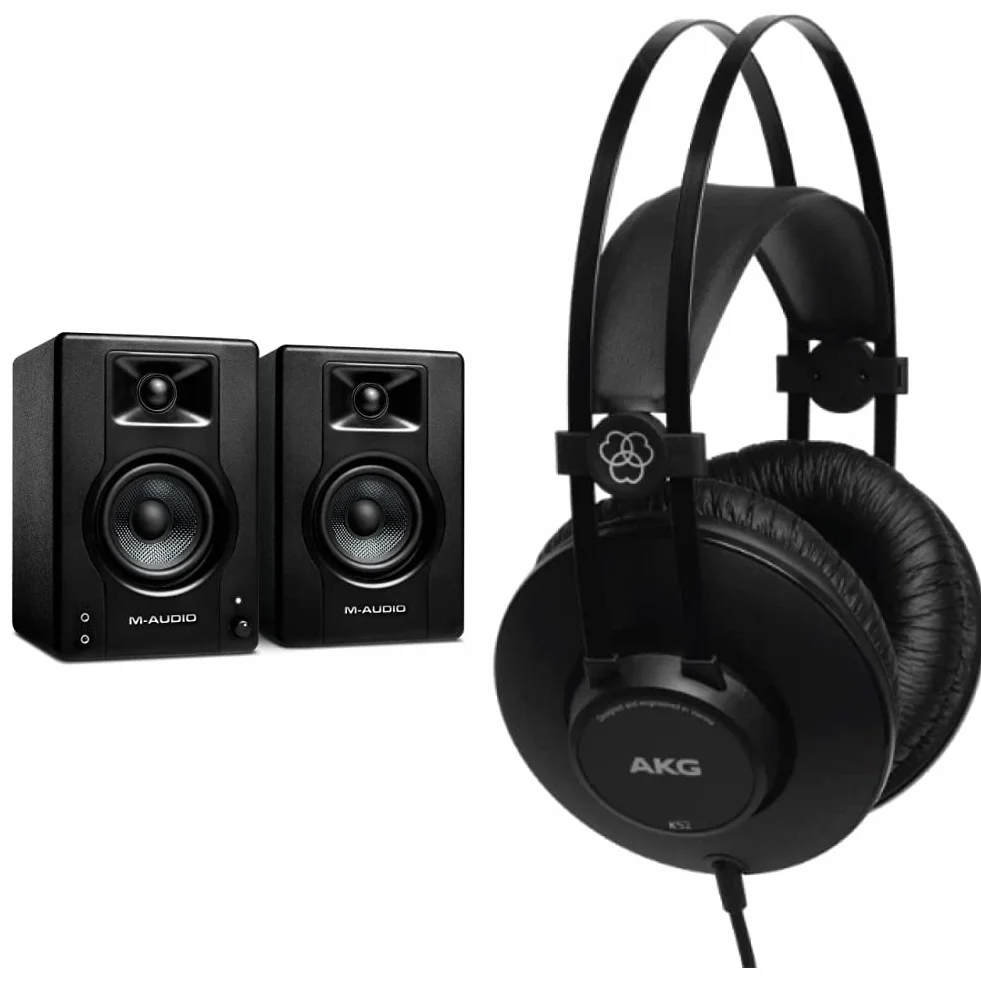 M-Audio BX3 Casse attive amplificate da 120 W da scrivania Monitor da studio per gaming, produzione musicale, streaming e podcast (coppia) & AKG K52 Closed Back Cuffie, Nero