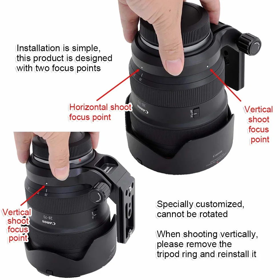 iShoot Supporto ad anello con supporto in metallo da 74,5 mm compatibile con Canon RF 28-70 mm f/2L USM, supporto per lenti e supporto per lenti è Arca-Swiss Fit piastra a sgancio rapido