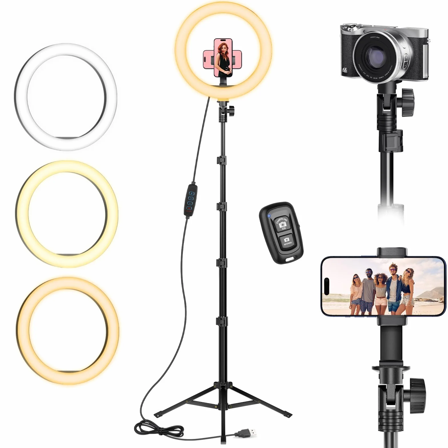 Ring Light Professionale, 10" Ring Light Telefono con 62" Treppiede Alto & 3 Modalità, Luce per Selfie, Trucco, Video e Fotografia