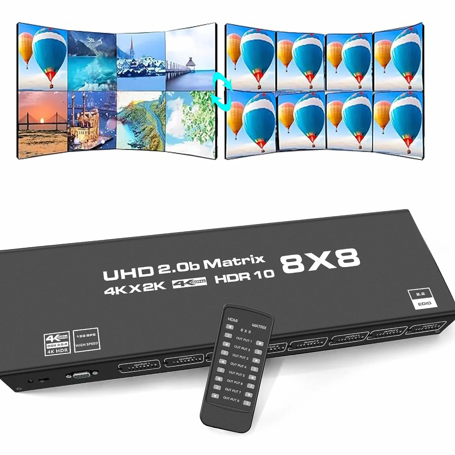 8x8 HDMI Matrix 4K@60Hz 8 in 8 Out HDMI Matrix Switcher Splitter YUV 4:4:4/RGB with RS232, IR, 18Gbps, HDCP2.2, HDMI2.0, 3D,EDID,ARC,CES,HDR10