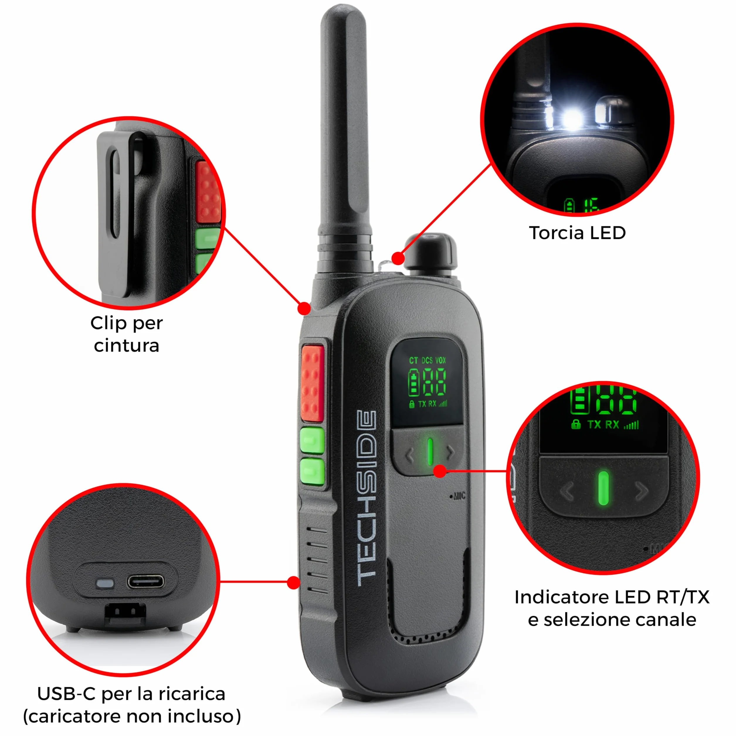 Techside TS-T2 Ricetrasmittente Professionale Walkie Talkie 16 Canali PMR446 (Libero uso) | Vox a 5 livelli | Scansione Automatica Canali | Set di 2 ricetrasmettitori full optional