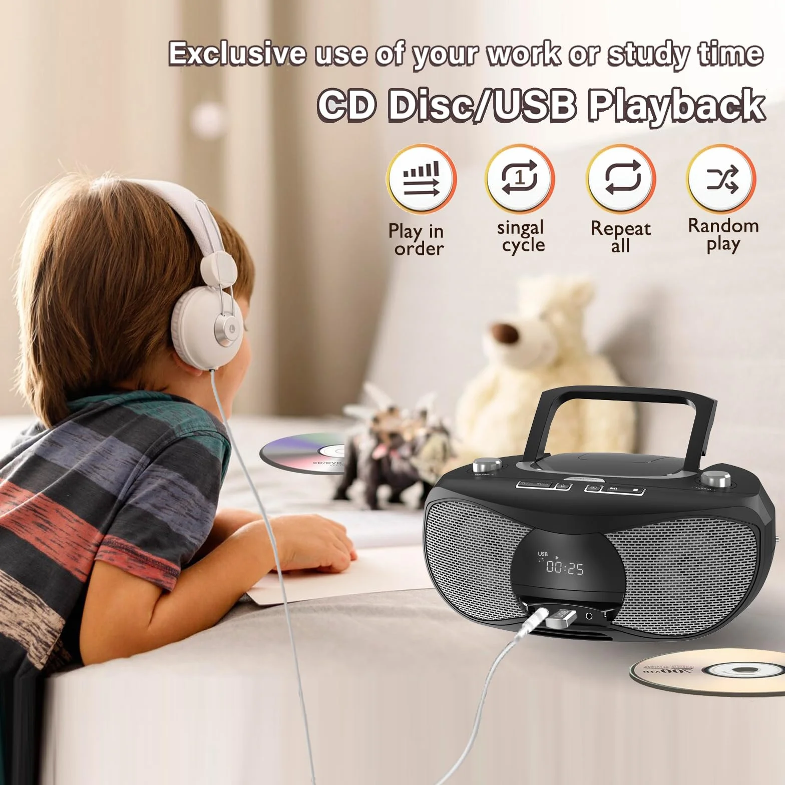 LONPOO Stereo Lettore CD portatile Bluetooth Boombox Connettività Radio FM, USB, AUX, Uscita cuffie, 5W RMS HiFi Altoparlanti (LP-D12)