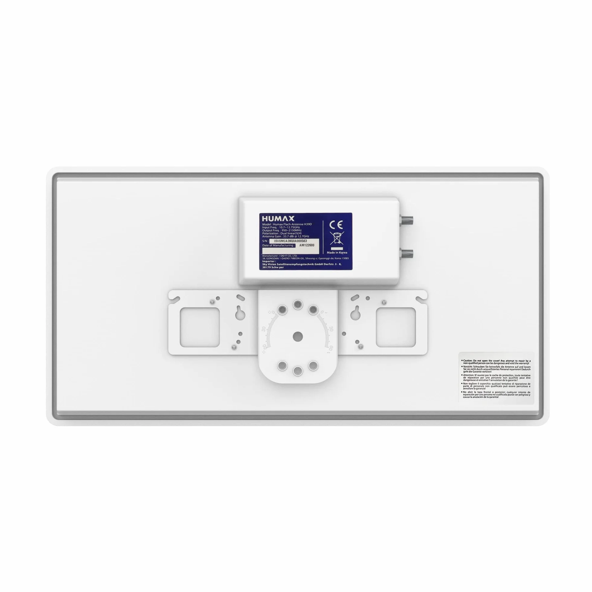 HUMAX Flat H39D2 - Antenna satellitare piatta per 2 partecipanti, con antenna satellitare Twin-LNB, con supporto per parete o palo, paragonabile a 60 cm, colore: Bianco