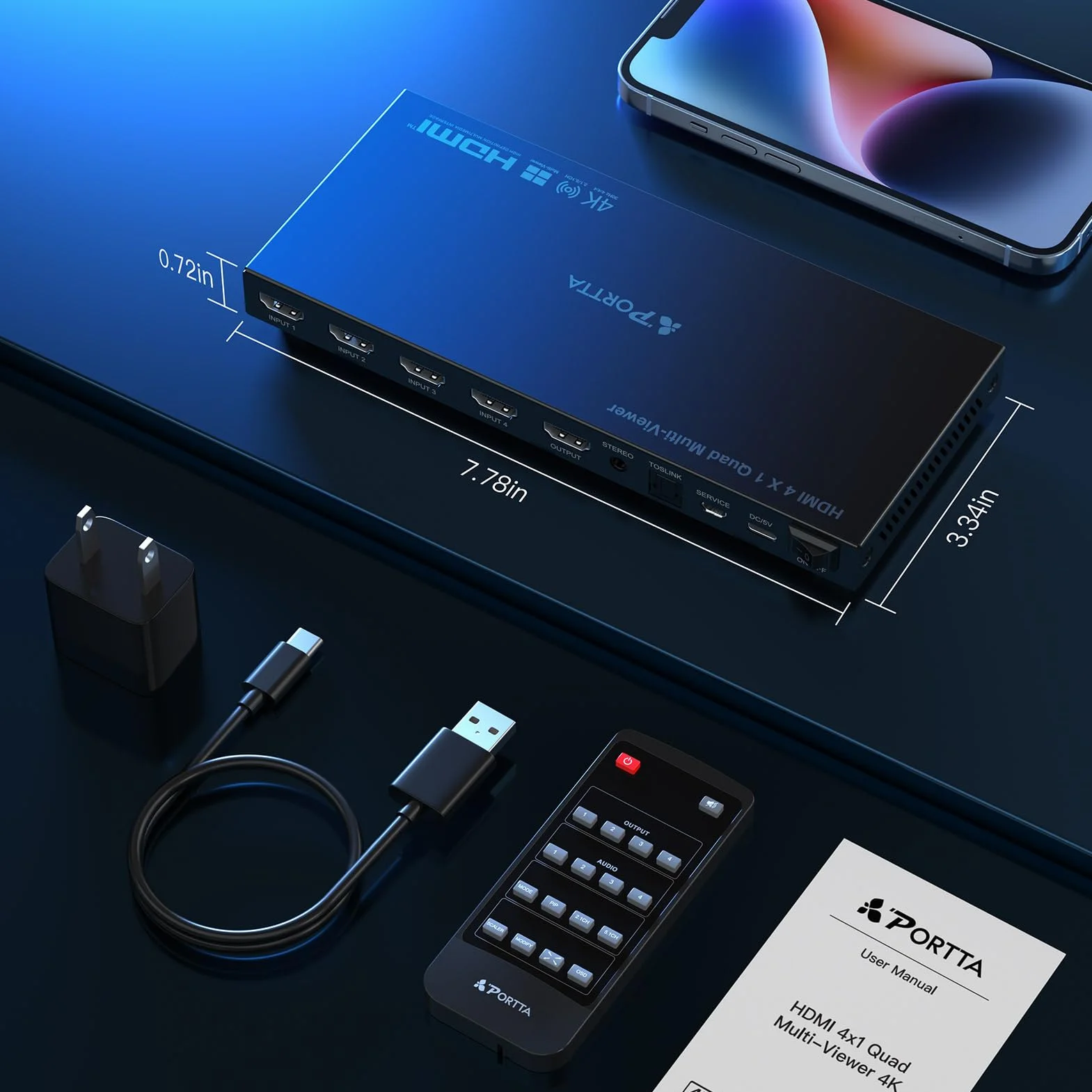 4K HDMI Multiviewer Switch 4x1 con PIP, Porta Quad Multi Viewer Switcher 4 in 1 Out con TosLink, supporto audio da 3,5 mm Supporto 4K 30Hz, 6 modalità di visualizzazione, downscaler