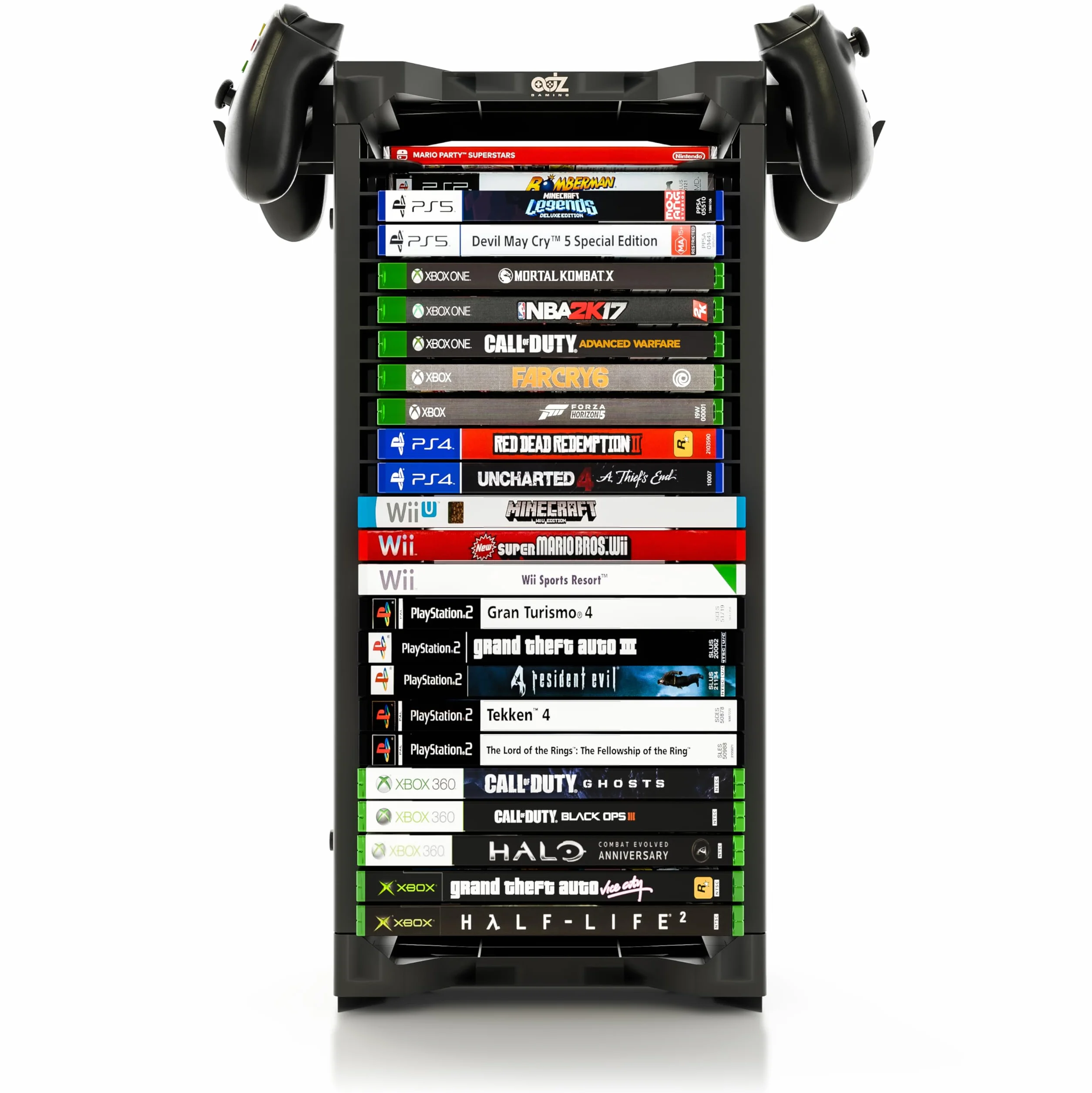 ADZ Universal Game Holder – 23 Ripiani per Archiviazione Giochi per PS2 PS3 PS4 PS5 PSP Xbox 360 Xbox One Series X Wii Switch Giochi DVD e Dischi Blu-Ray. Include 2 Supporti per Controller