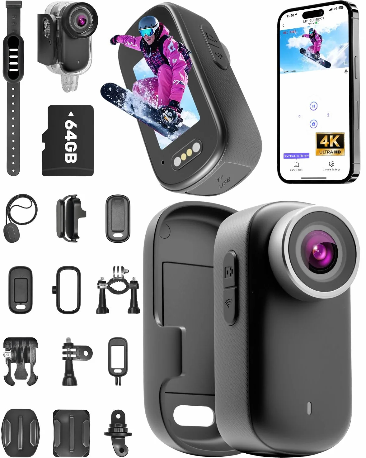 Action Cam 4K, Mini Body Cam con Scheda SD da 64 GB, Impermeabile Fino a 30 m, Autonomia della batteria di 180 minuti, grandangolo da 150° e display da 1,47 pollici, Videocamera vlog