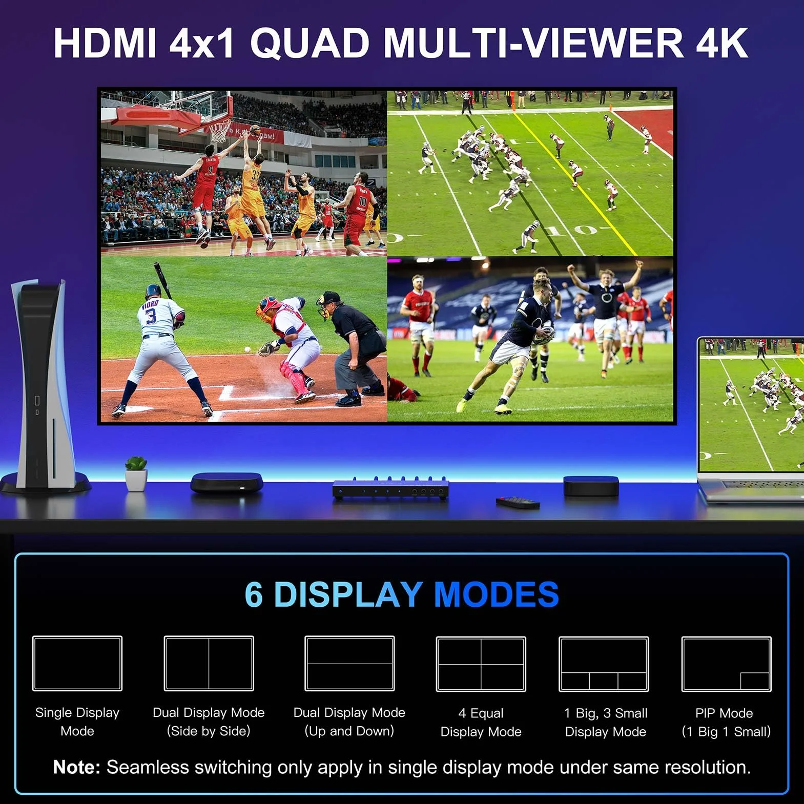 4K HDMI Multiviewer Switch 4x1 con PIP, Porta Quad Multi Viewer Switcher 4 in 1 Out con TosLink, supporto audio da 3,5 mm Supporto 4K 30Hz, 6 modalità di visualizzazione, downscaler