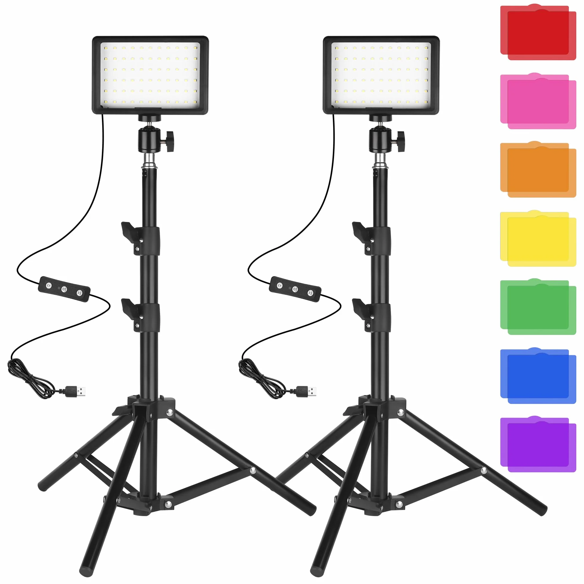 Luce Foto-video LED 2-Pack, Ci-Fotto Dimmable 5600K USB LED Luce Continua Fotografia con Treppiedi e Filtri Colore per Studi Fotografici, YouTube, TikTok, Registrazione Video, Streaming di Gioco