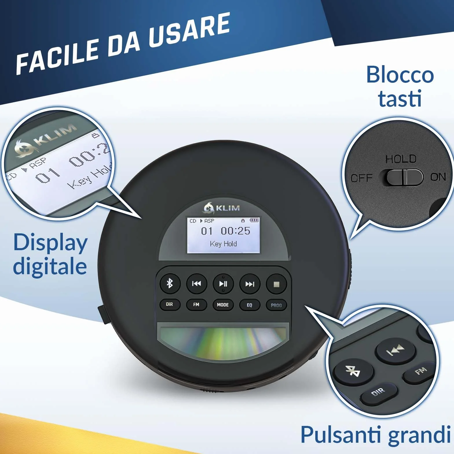 KLIM Nomad - Lettore CD Portatile - Batteria a Lunga Durata - Include Auricolari KLIM Fusion - Compatibile con CDR, CDRW, MP3 - Lettore SD, Radio FM, Bluetooth - Ideale per Auto - Hi-Fi - Argento