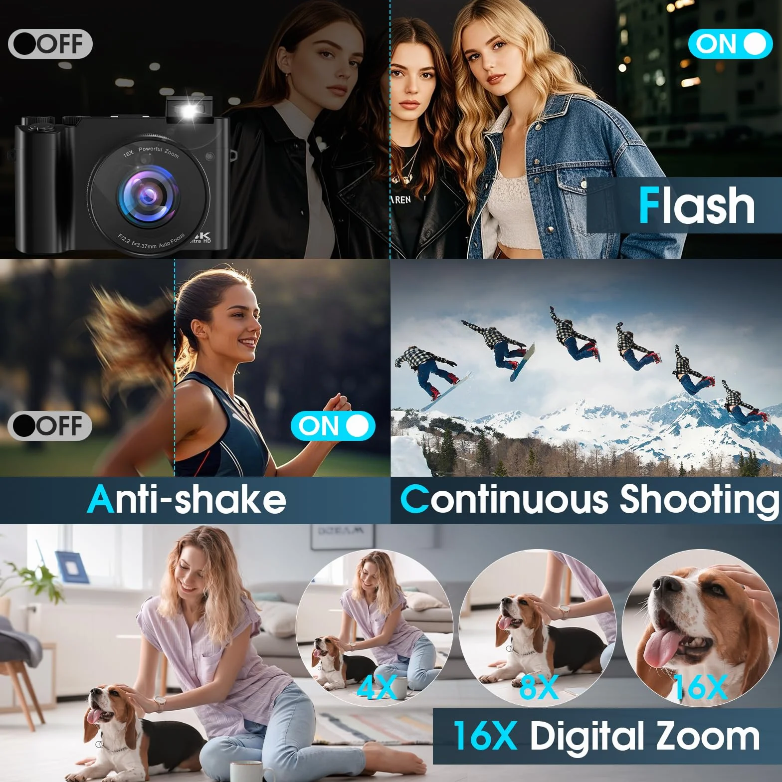 Fotocamera e digitale Bofypoo 64 MP autofocus Vlogging con doppia telecamera 4K, zoom digitale 16X, scheda memoria 32G