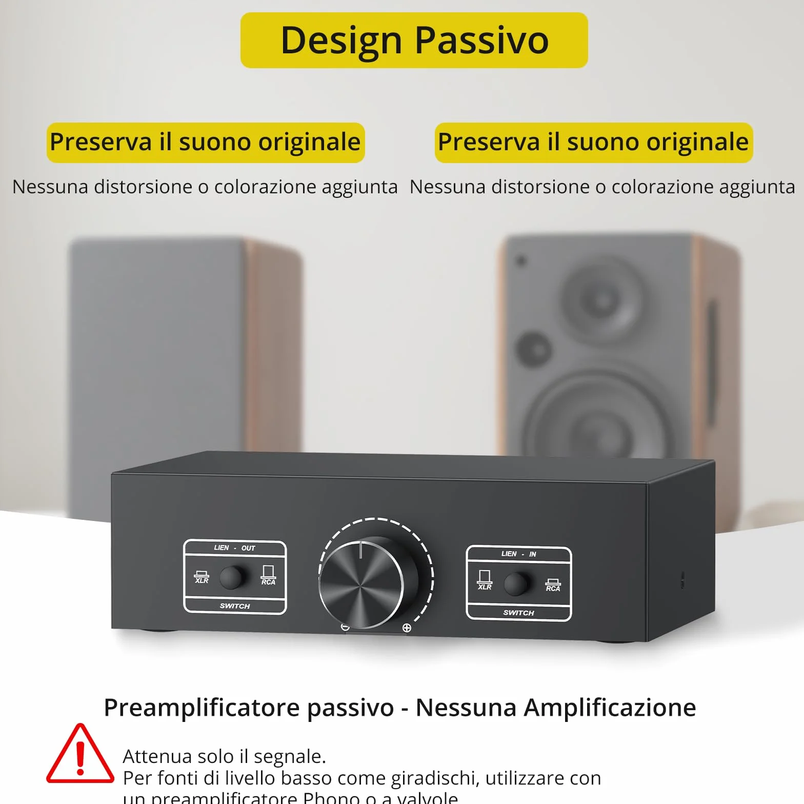 PROZOR Commutatore Audio 2-IN-2-OUT, Switch Selettore e Convertitore XLR a RCA Bidirezionale con Controllo del Volume Passivo Preamplificatore per Altoparlanti da Studio, Home Cinema, DJ