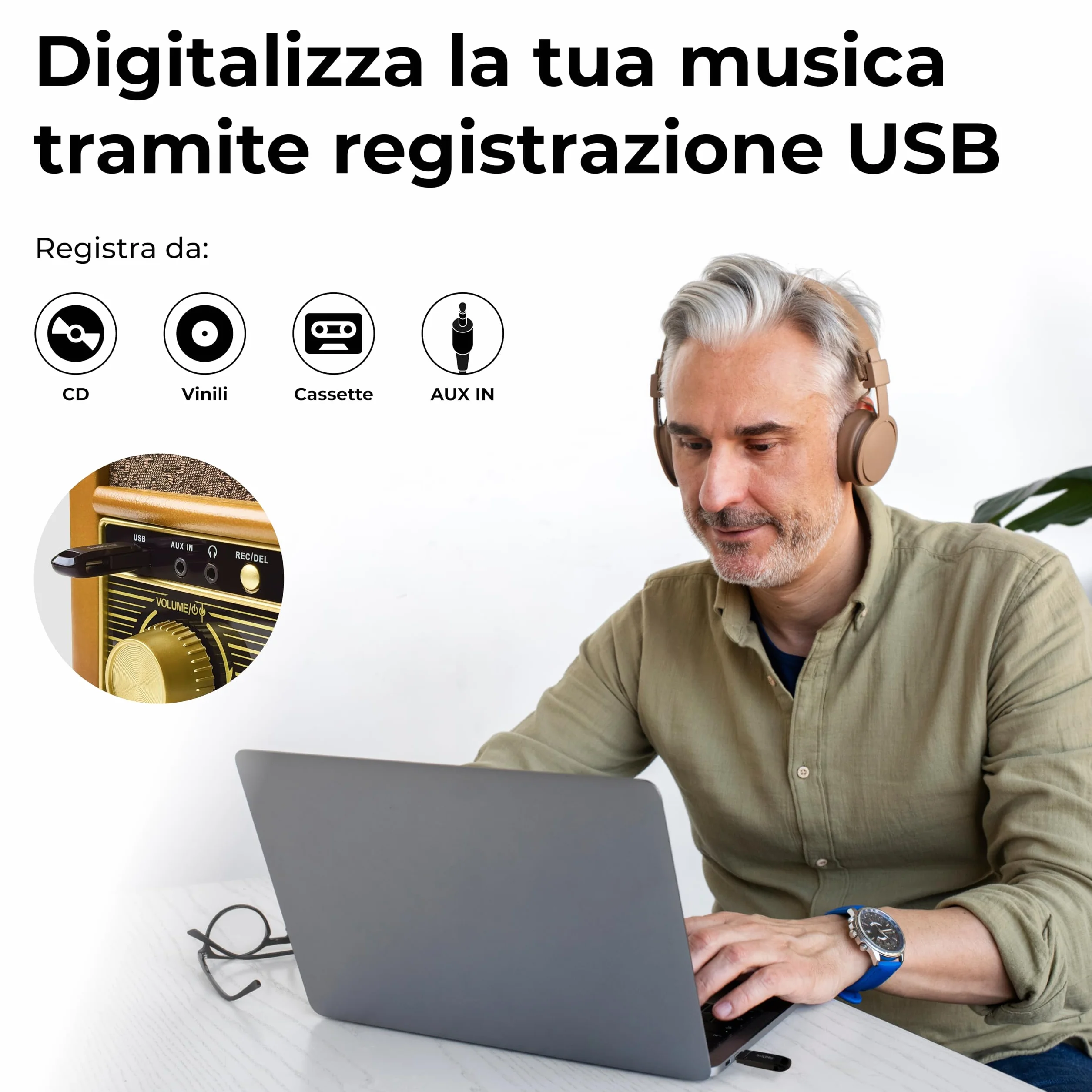 Denver MCR-50 – Giradischi Vintage con Lettore Vinili, Radio AM/FM, CD, Cassetta, USB MP3 – Giradischi Vinile con Casse Integrate – Gira Dischi per Vinili Retrò