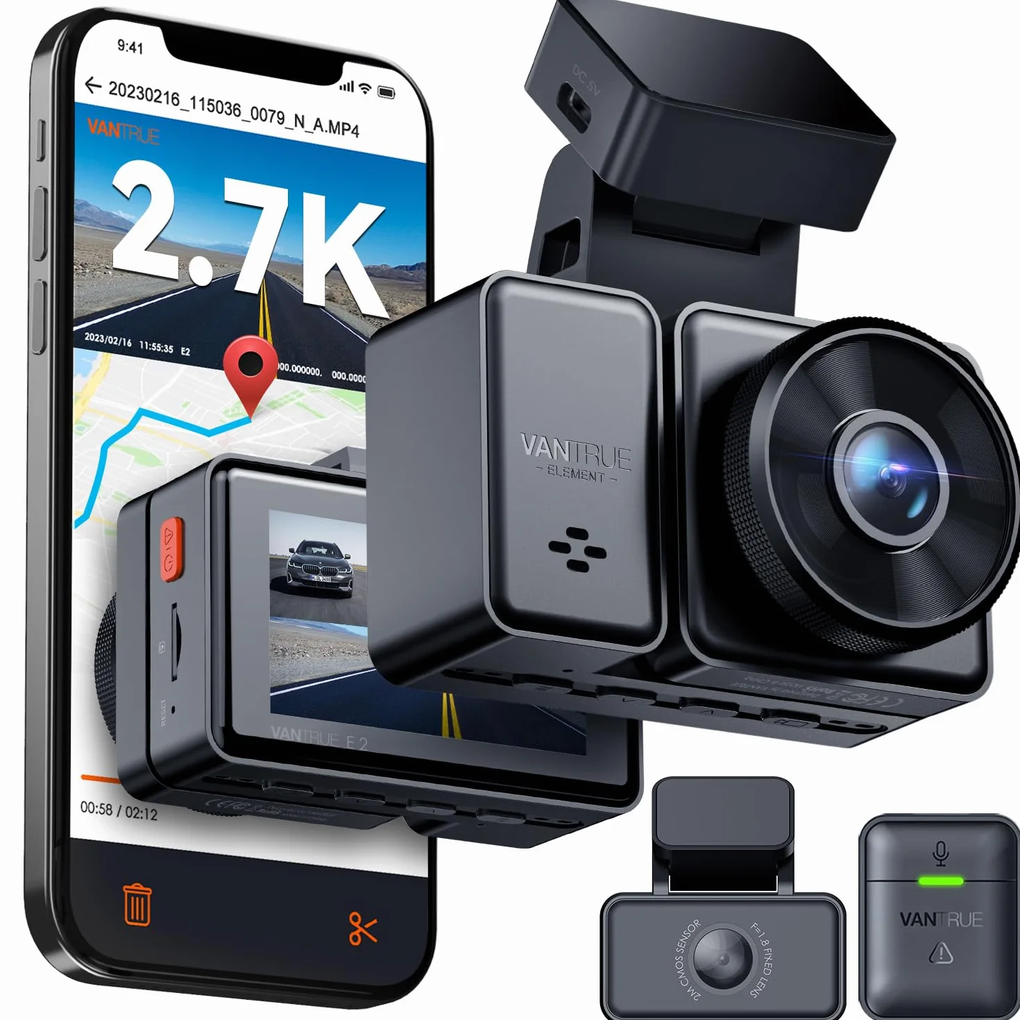 VANTRUE E2 2.7K+2.7K Dash Cam, 5GHz WiFi GPS Doppia 1944P Telecamera Per Auto, Dashcam Controllo senza Fili e Vocale, 24h. Modalità di Parcheggio Tampone, Visione Notturna WDR 2,45" 160 Gradi Max 512G