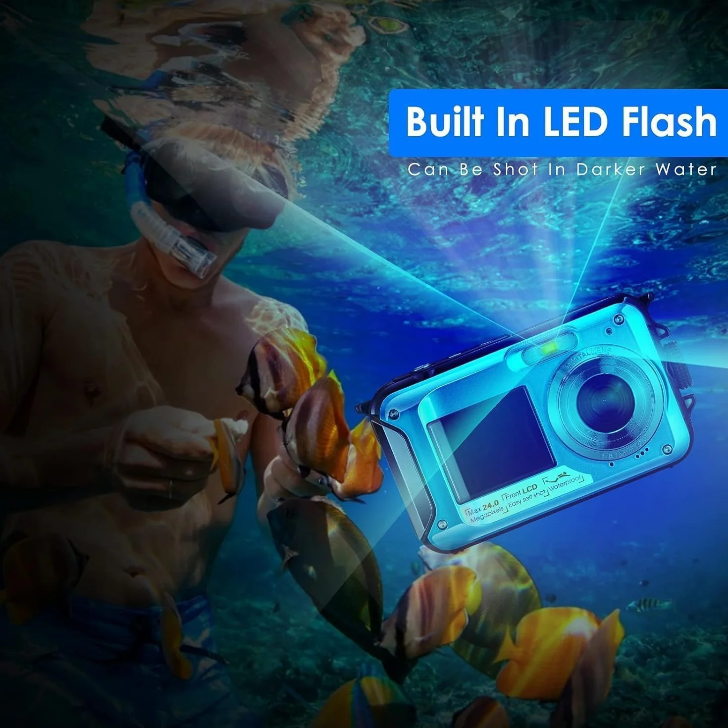Fotocamera impermeabile digitale Full HD 2,7 K 24 MP Macchina Fotografica Subcquea 16X Zoom digitale fotocamera impermeabile con doppio schermo, per adolescenti studenti principianti