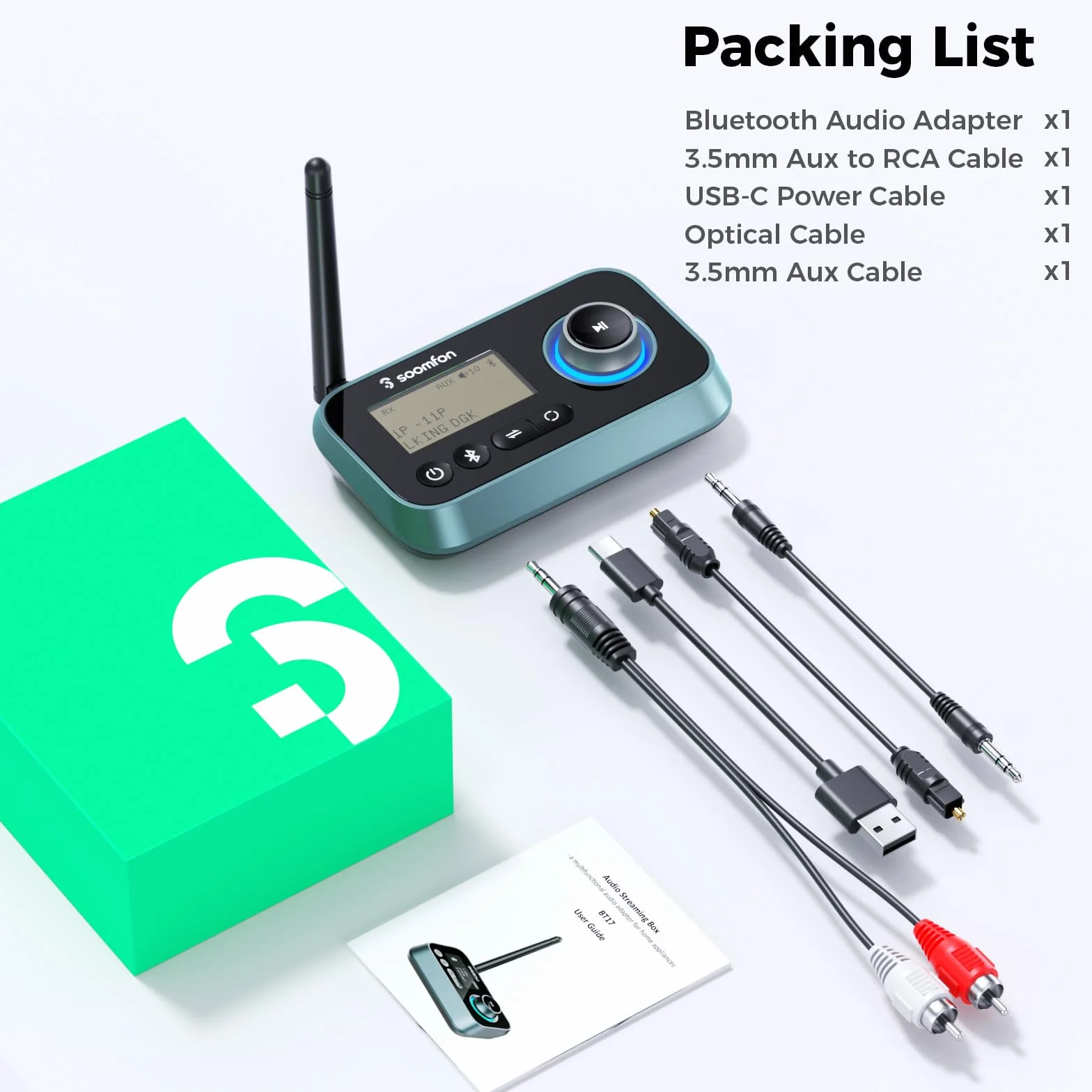 SOOMFON Bluetooth 5.0 Audio Adapter Transmitter Receiver with Aux/Optical/RCA, 3.5mm Jack, Optical, LCD Display
