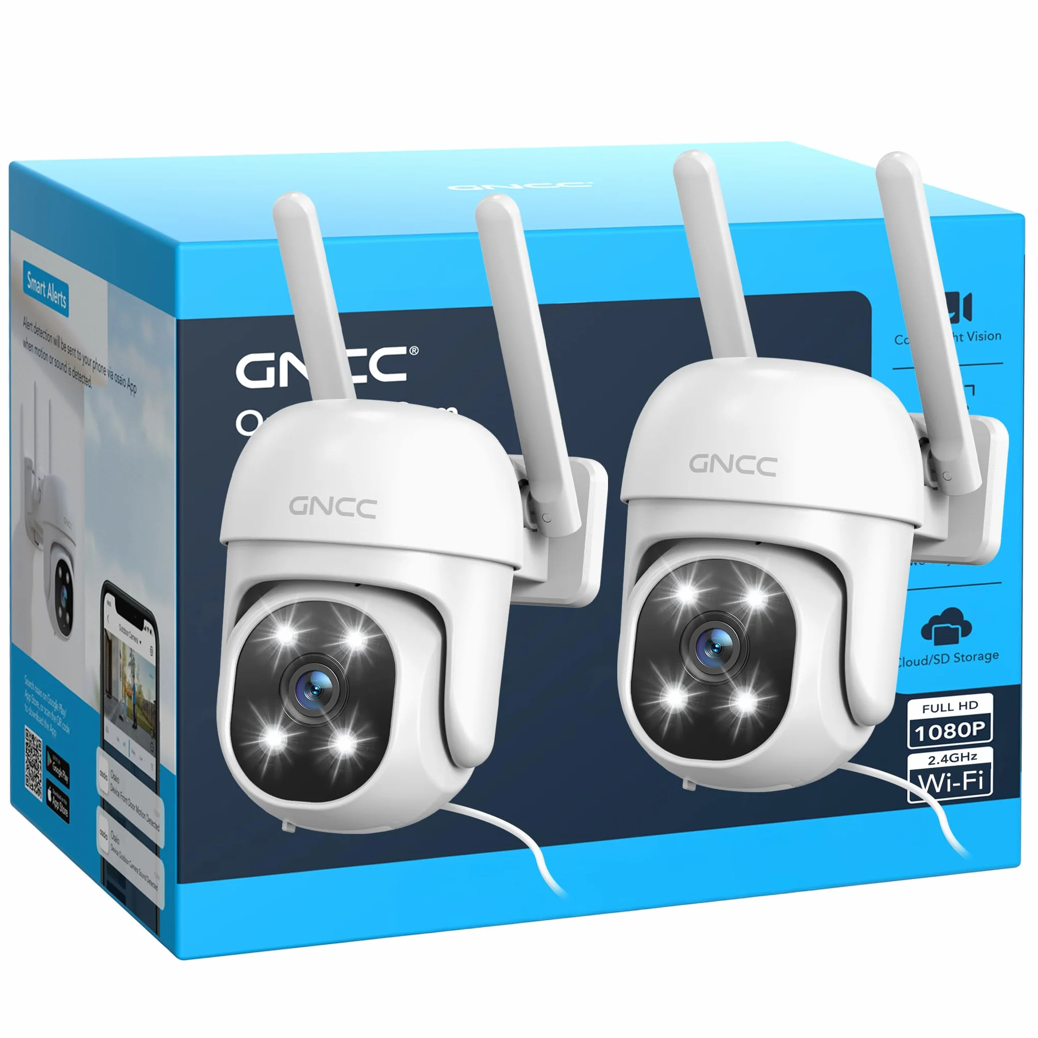 GNCC GK2 Kit 2 Telecamera Wi-Fi Esterno, 1080P Videocamera, 360° PTZ, Rilevamento Movimento, IP65, Tracciamento Movimento, MicroSD fino a 128GB, Servizi Cloud Opzionali, Solo WiFi a 2,4 GHz, Plug-in
