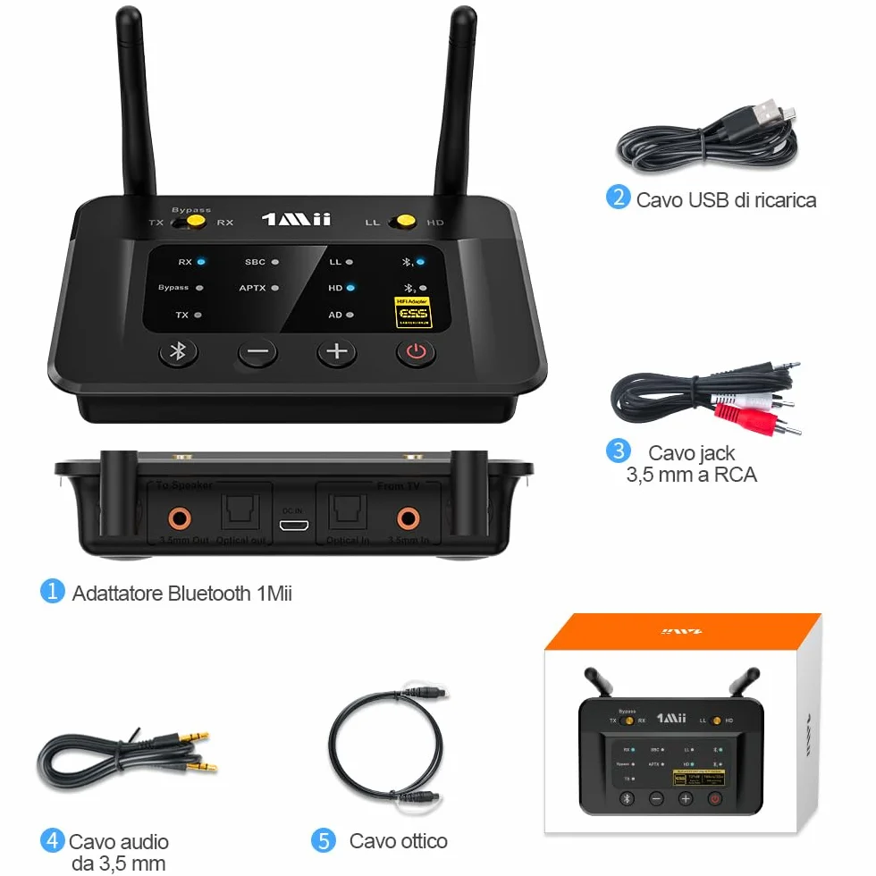 1Mii Trasmettitore Ricevitore Bluetooth 5.3 per TV, Adattatore Audio HiFi ESS DAC aptX HD Bassa Latenza RCA AUX Ottico