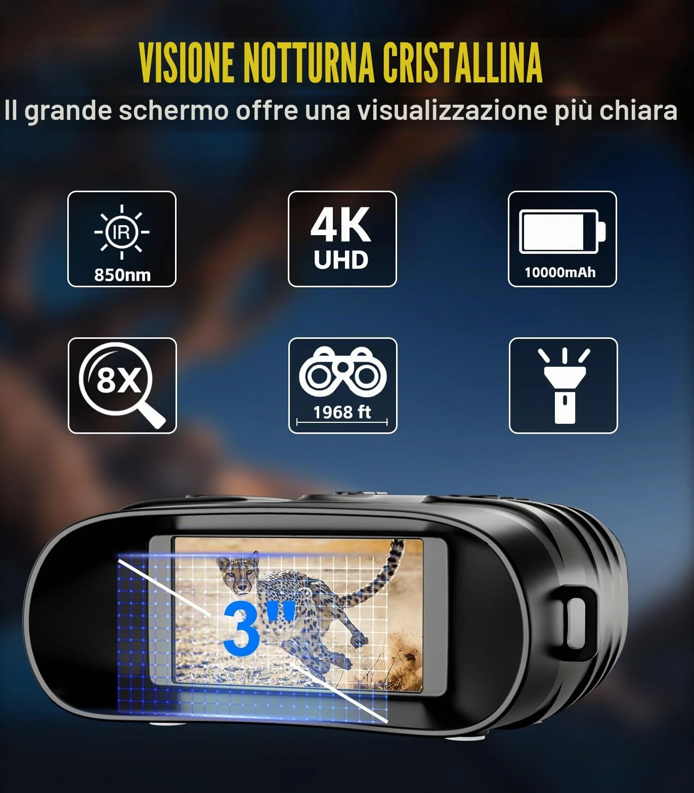 Dispositivo di visione notturna 4 K, 48 MP, 10000 mAh, ricaricabile, f/1,4, grande apertura a infrarossi, visione notturna, visione 500 m/1640 FT,8 X zoom digitale con scheda TF da 32 GB