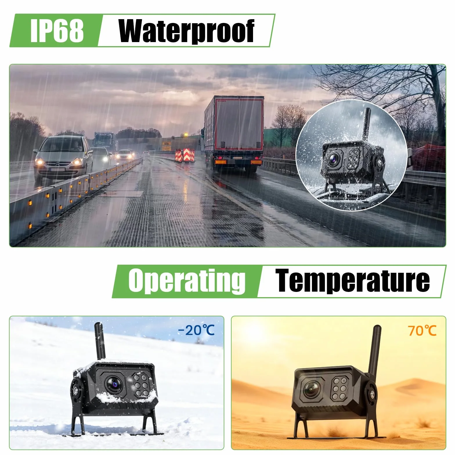 Telecamera di retromarcia senza fili 7" IPS touchscreen set per camper con telecamera posteriore a visione notturna, impermeabile IP68, registrazione in loop, BSD e linea di retromarcia