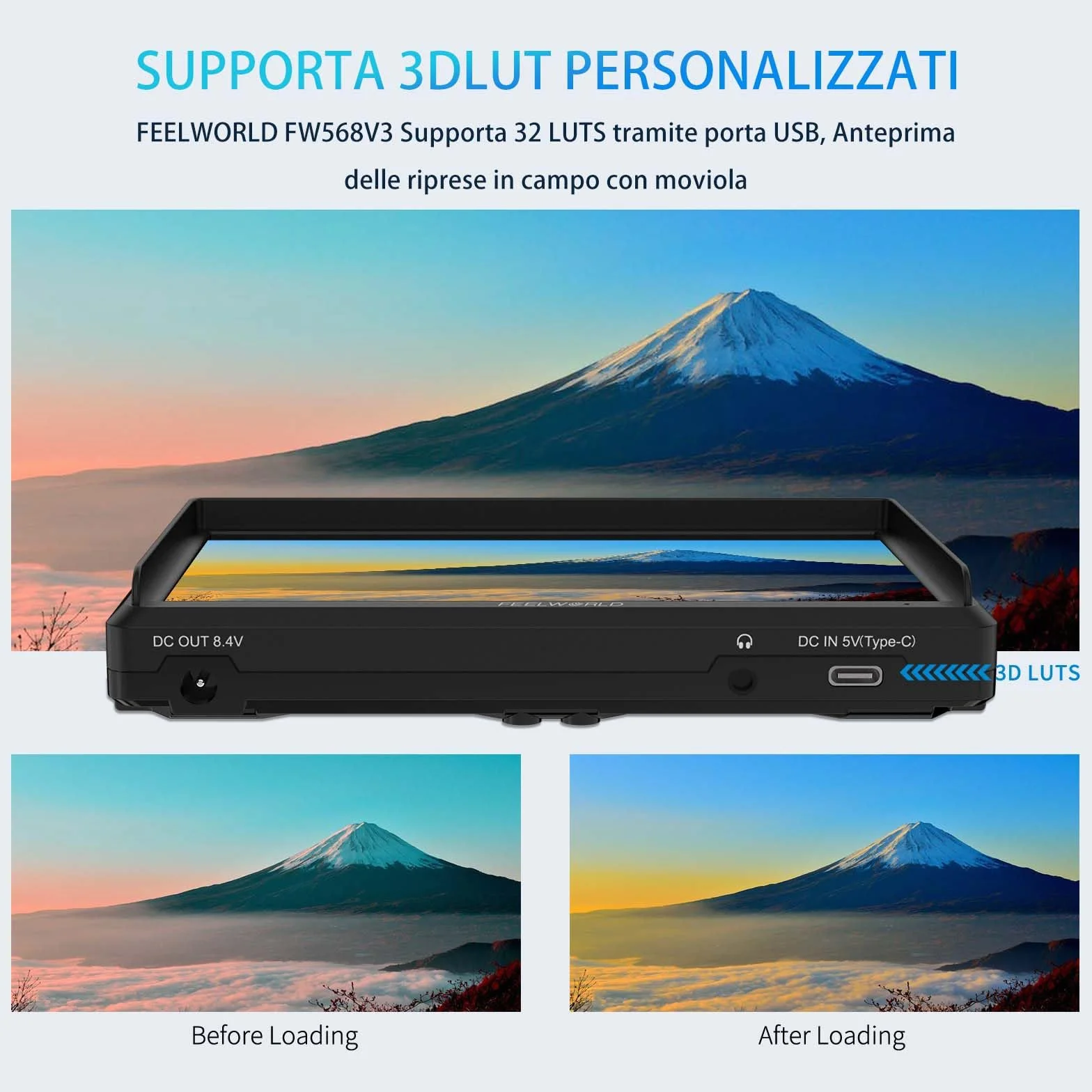 FEELWORLD FW568 V3 Monitor da campo per DSLR da 6 pollici con batteria F550 da 2200 mAh e borsa per il trasporto, forma d'onda LUTs Video Peaking Focus Assist 1920x1080 IPS 4K HDMI Input Output