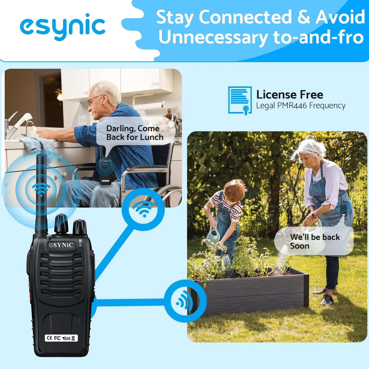 ESYNiC Walkie Talkie PMR 446MHz 0.5W Frequenza Civile Ricetrasmittente Handheld FM 16CH Singola Banda