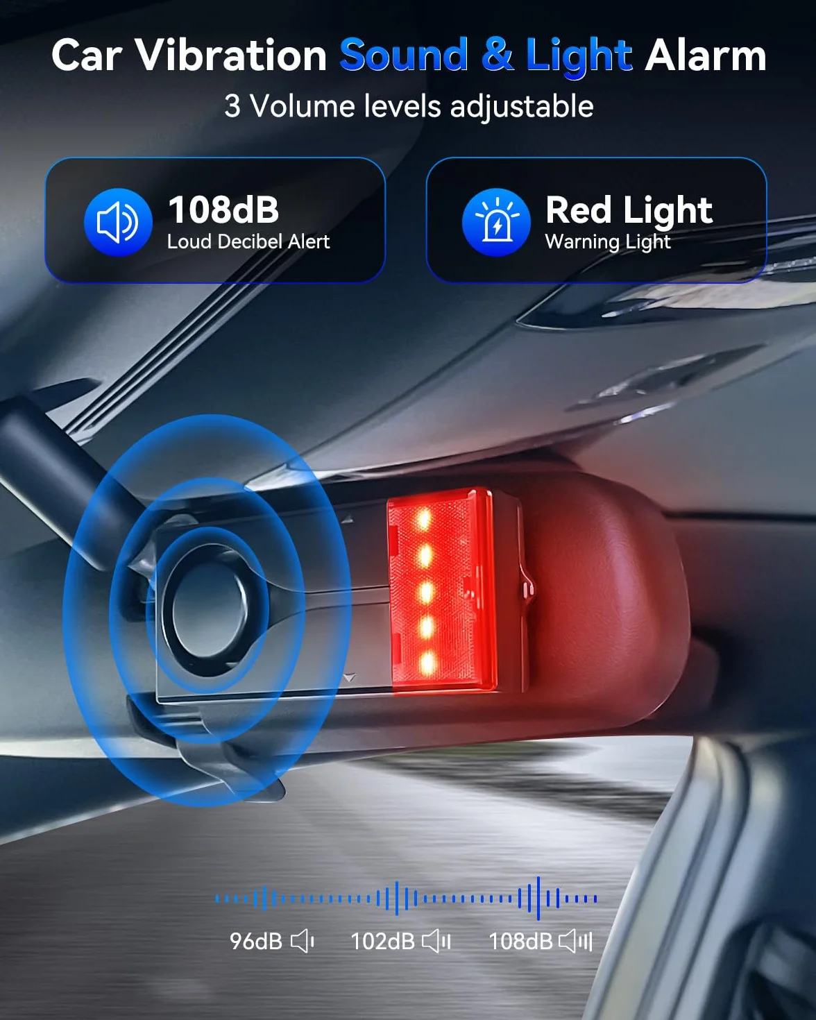 Allarme auto 108 dB antifurto con sensore vibrazione luce rossa telecomando senza fili fissaggio magnetico