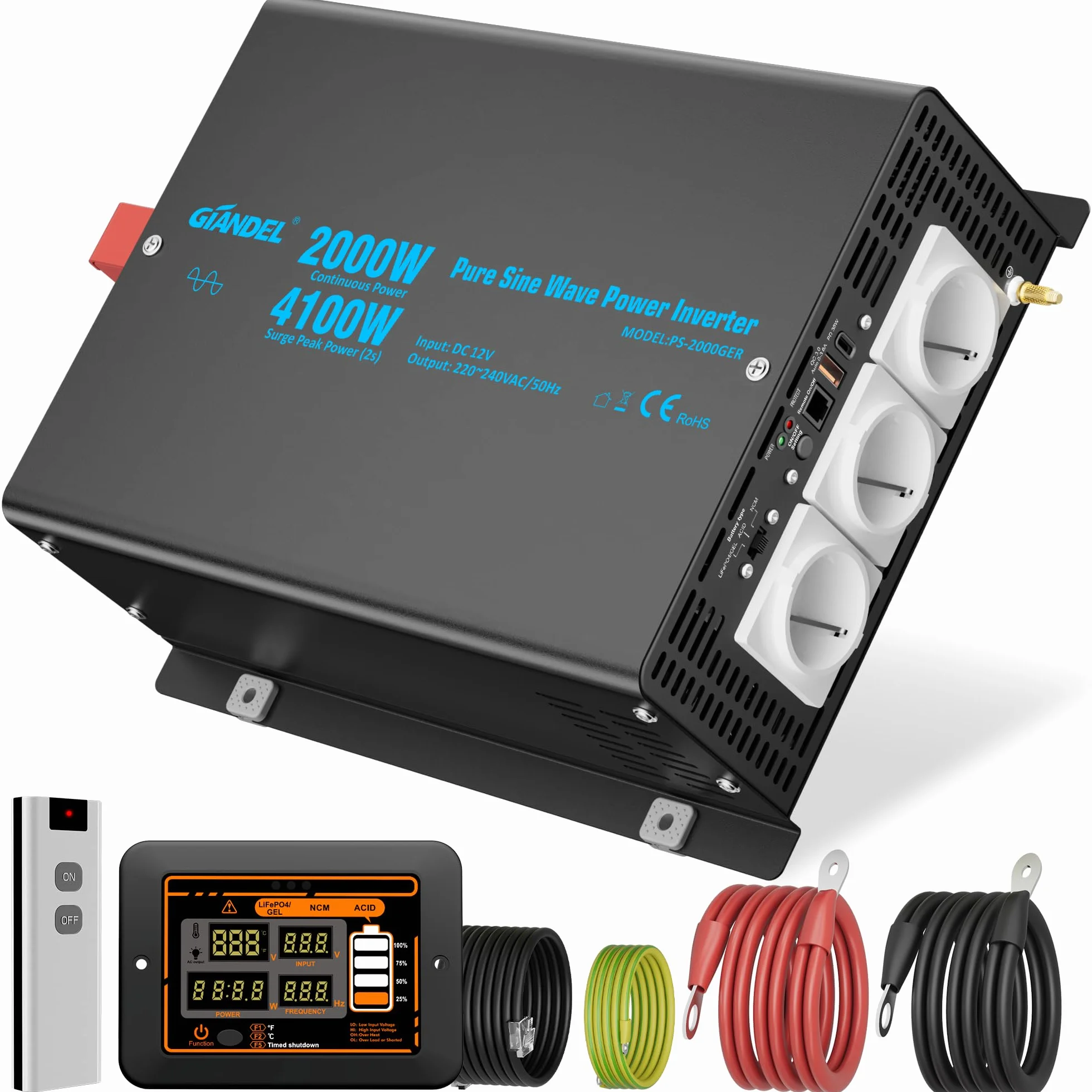 GIANDEL Inverter da 2000 W, 12 V a 230 V, inverter sinusoidale puro, 4100 W, potenza di picco, convertitore di tensione con telecomando LCD, tensione di ingresso regolabile per elettrodomestici